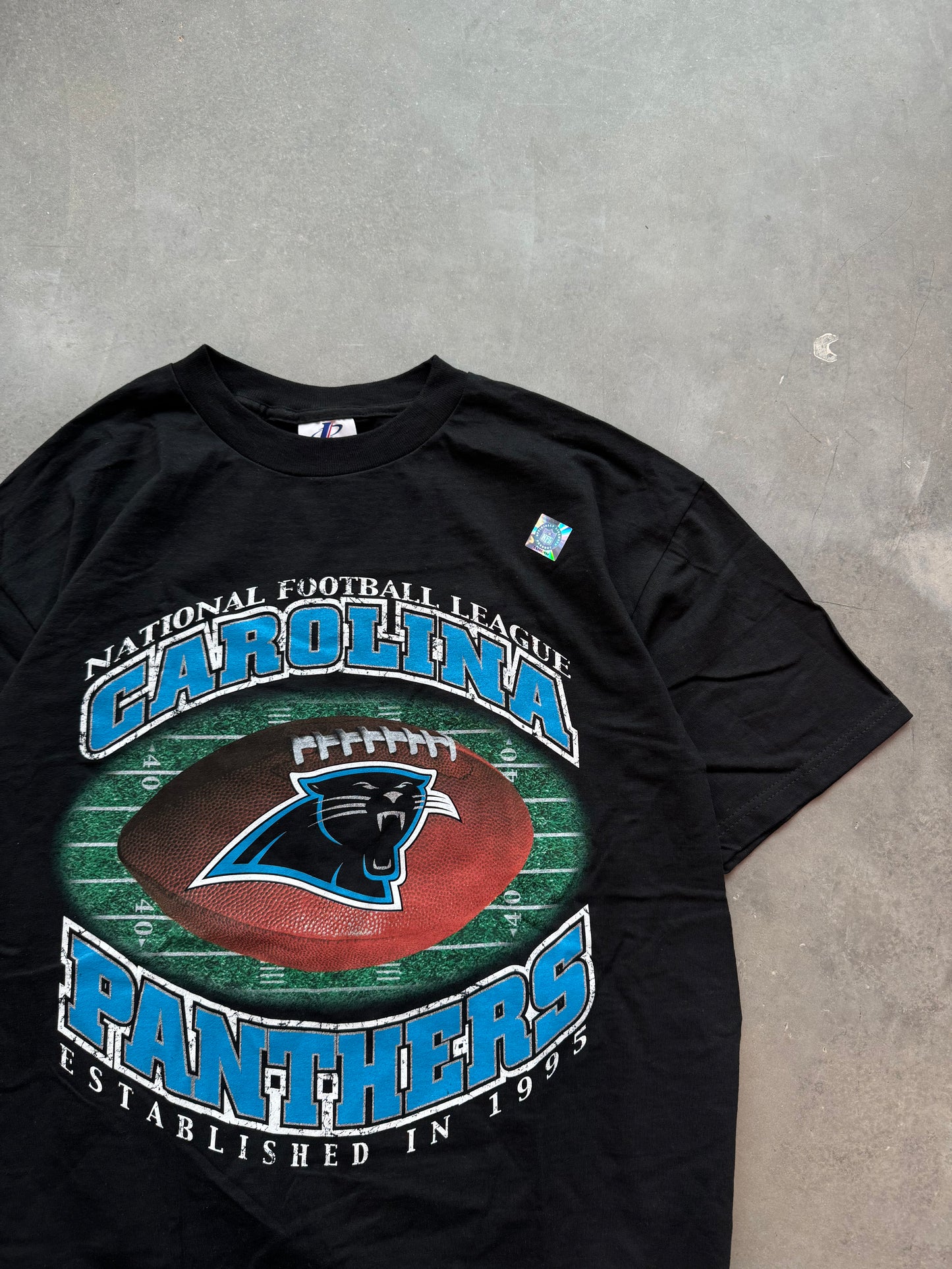 90’s Carolina Panthers Vintage Logo Athletic NFL Arch Spellout Tee - Deadstock (Large)
