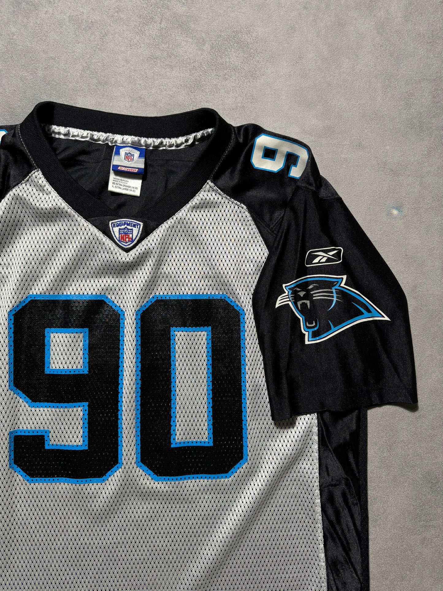00’s Carolina Panthers Julius Peppers Vintage Two Tone Reebok NFL Jersey (Youth XL)