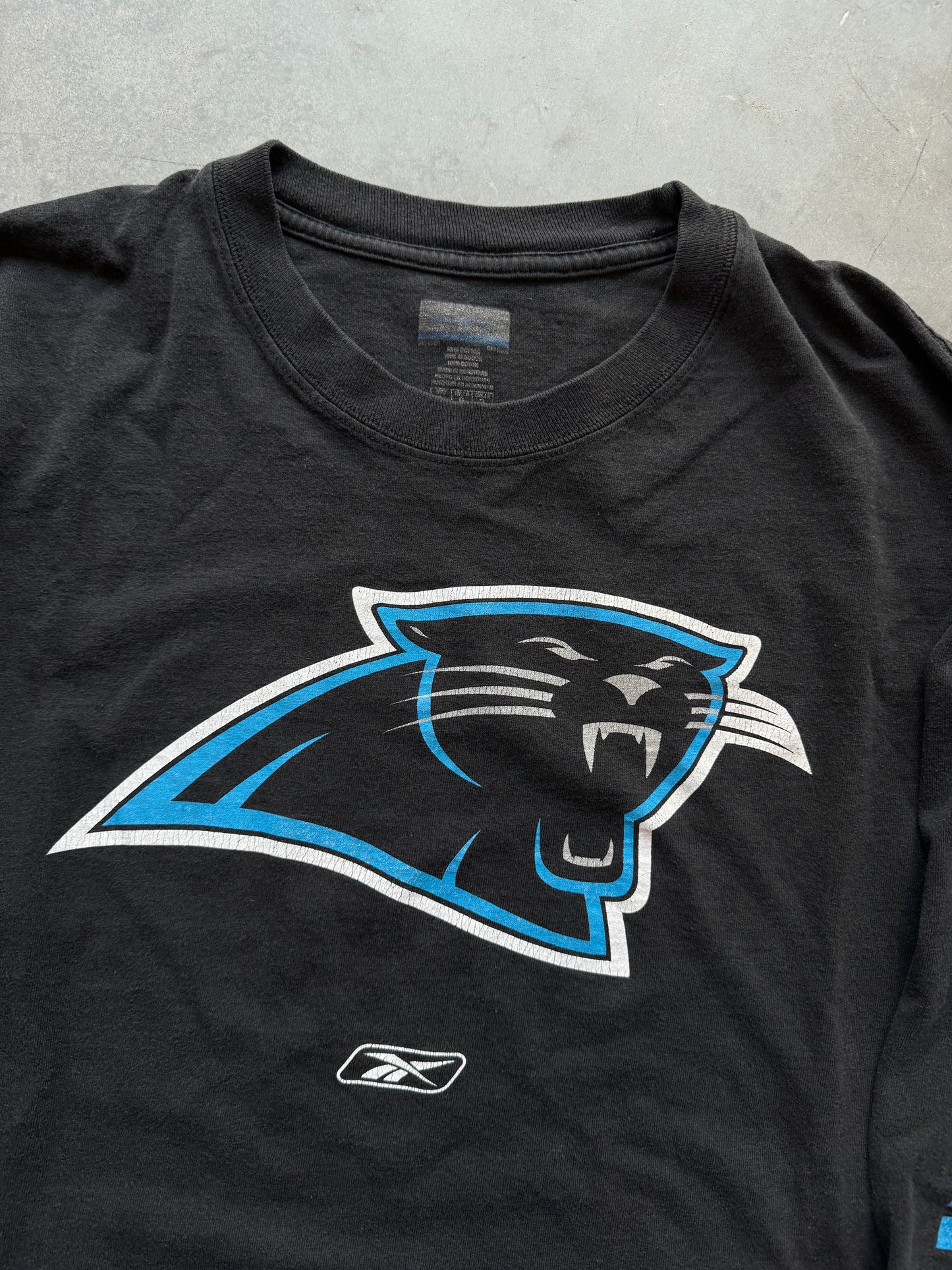 00’s Carolina Panthers Vintage Black Big Logo Spellout Reebok NFL Longsleeve Tee (Large)