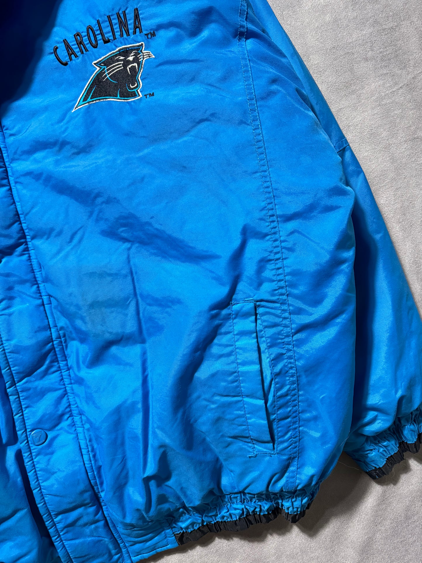 90’s Carolina Panthers Vintage Alternate Blue Logo 7 Game Day Embroidered NFL Puffer Jacket (XL)