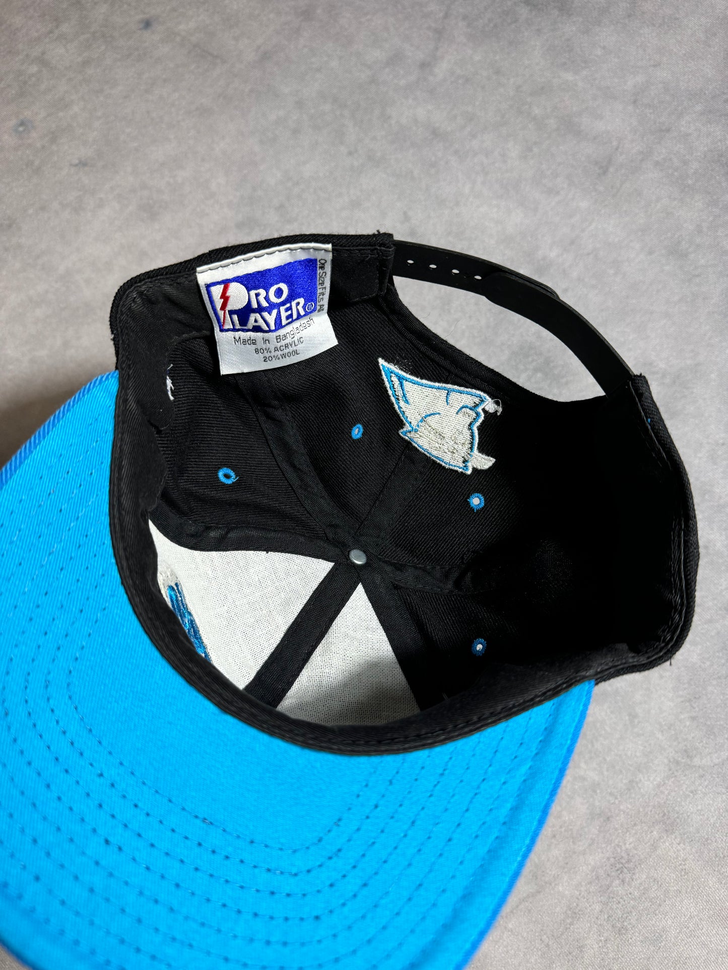 90’s Carolina Panthers Vintage Pro Player Multi Logo Cat Scratch Font Silver Metallic Stitching NFL Snapbacj Hat - Deadstock (OSFA)