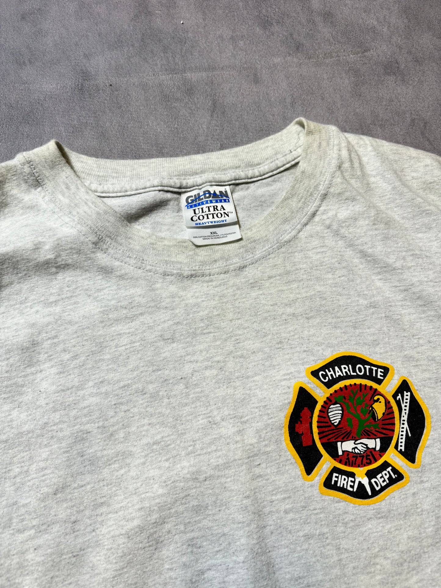 00’s Carolina Panthers x Charlotte Fire Dept Station 4 “Protectors of the Lair” Vintage Heather Grey NFL Tee (XXL)