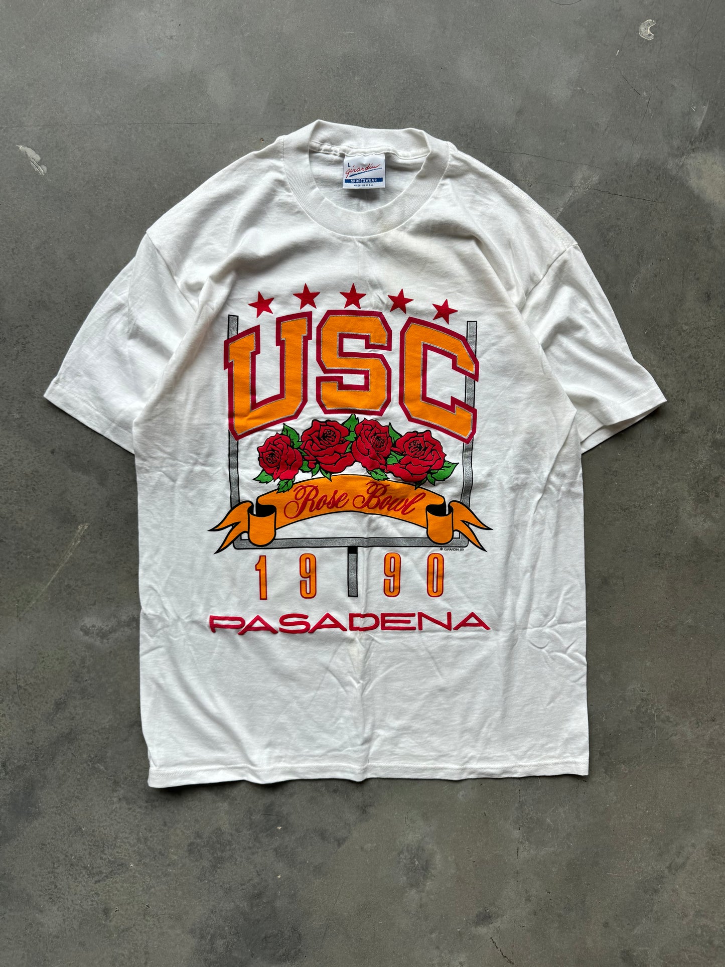 1990 USC Trojans Rose Bowl Pasadena California Vintage White Puff Print College Football Tee - Deadstock (Large)