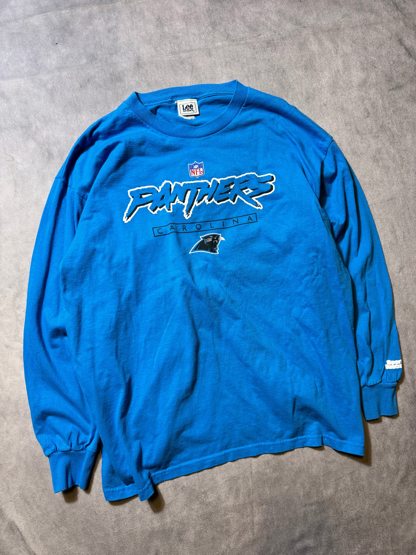 00’s Carolina Panthers Vintage Electric Blue Cat Scratch Font Lee Sport Longsleeve NFL Tee (XL)