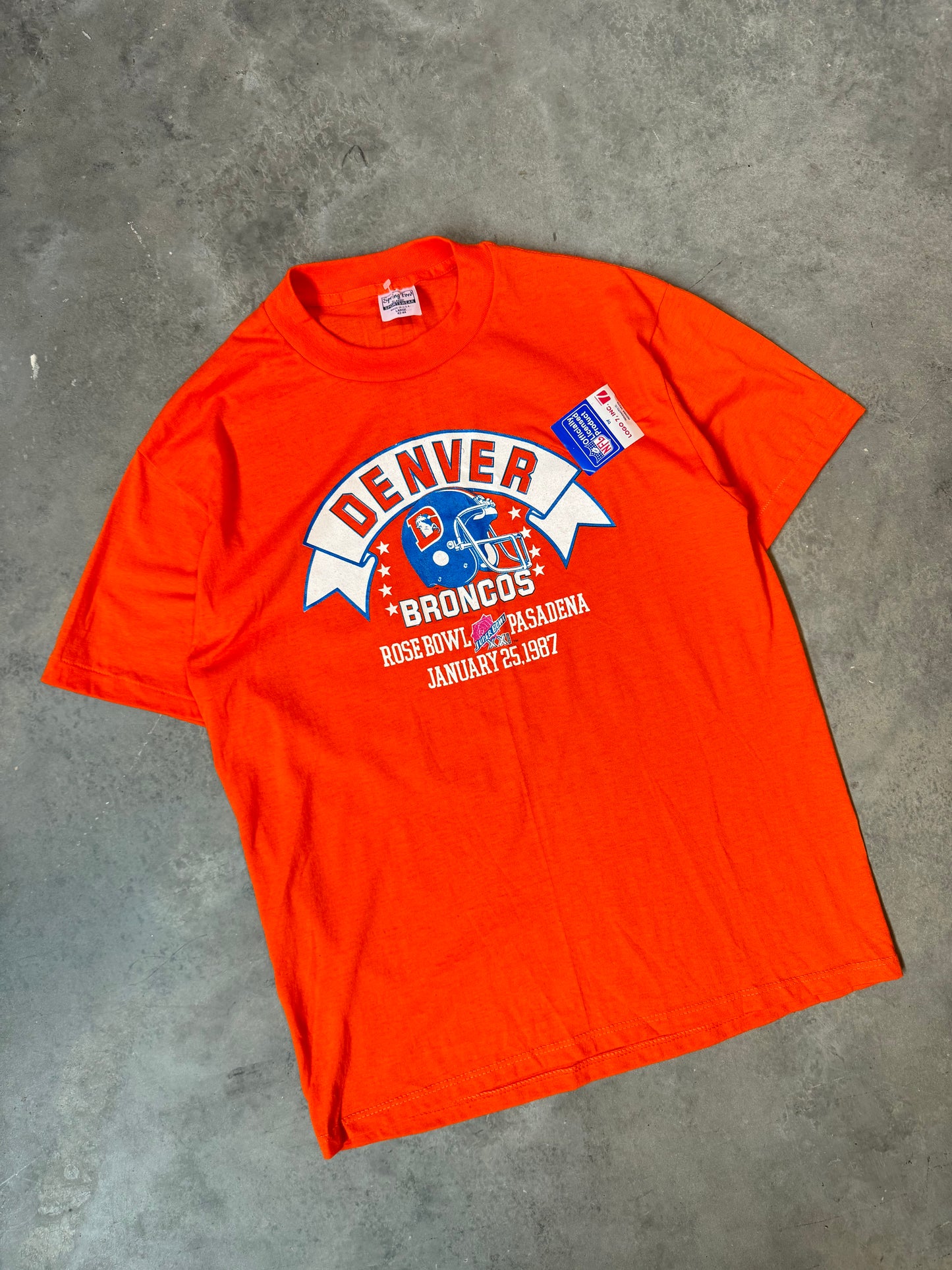1987 Denver Broncos Super Bowl XXI Vintage Orange Logo 7 NFL Tee - Deadstock (Large)