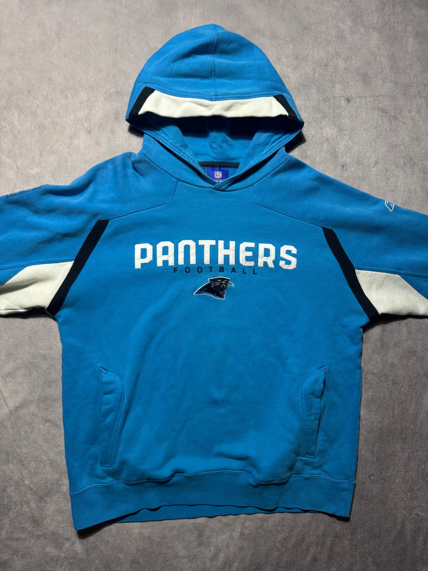 00’s Carolina Panthers Vintage Blue Reebok Full Embroidered Heavyweight NFL Sideline Hoodie (Large)