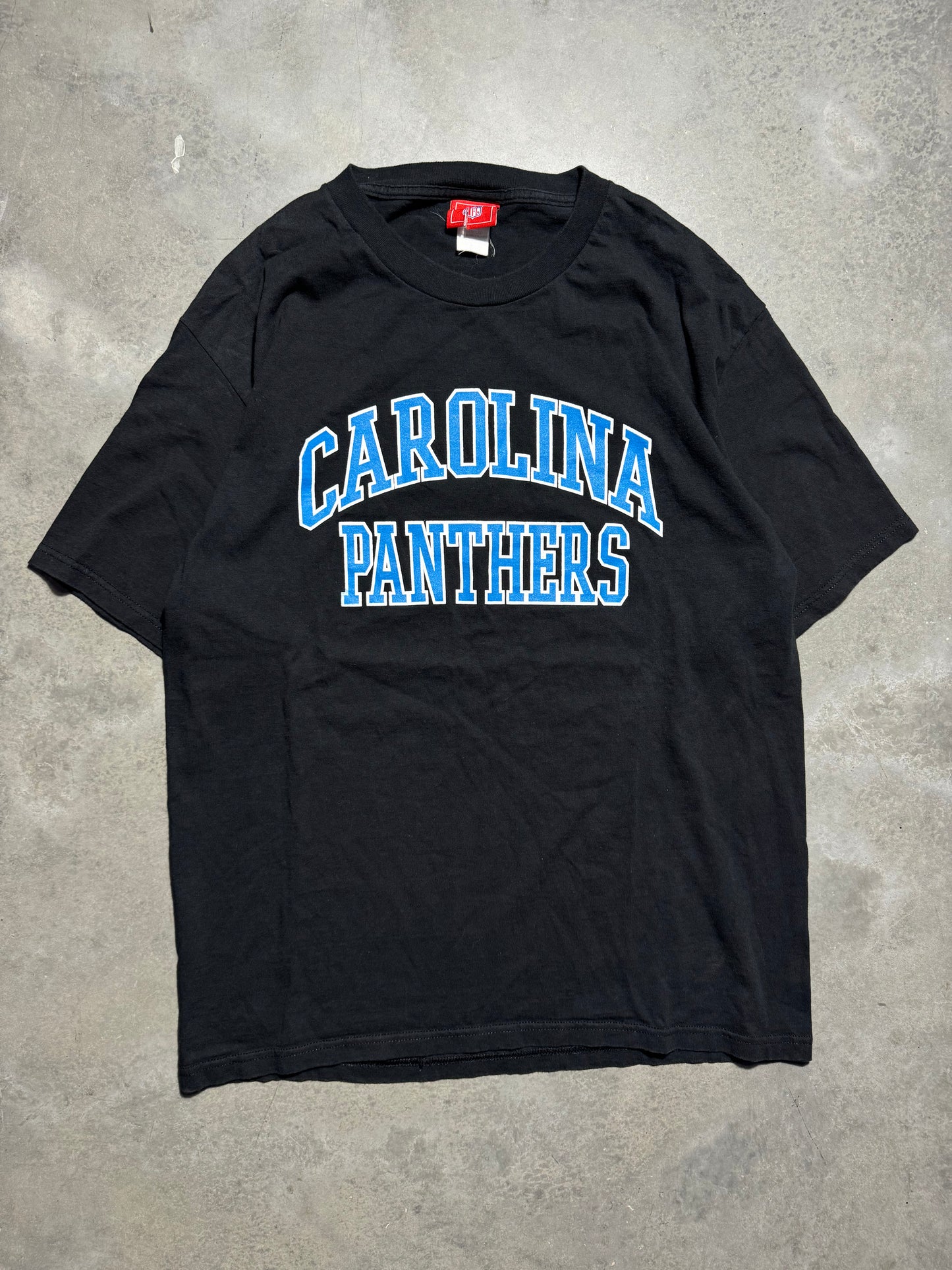 00’s Carolina Panthers Vintage Black Arch Block Letter Spellout NFL Tee (Large)