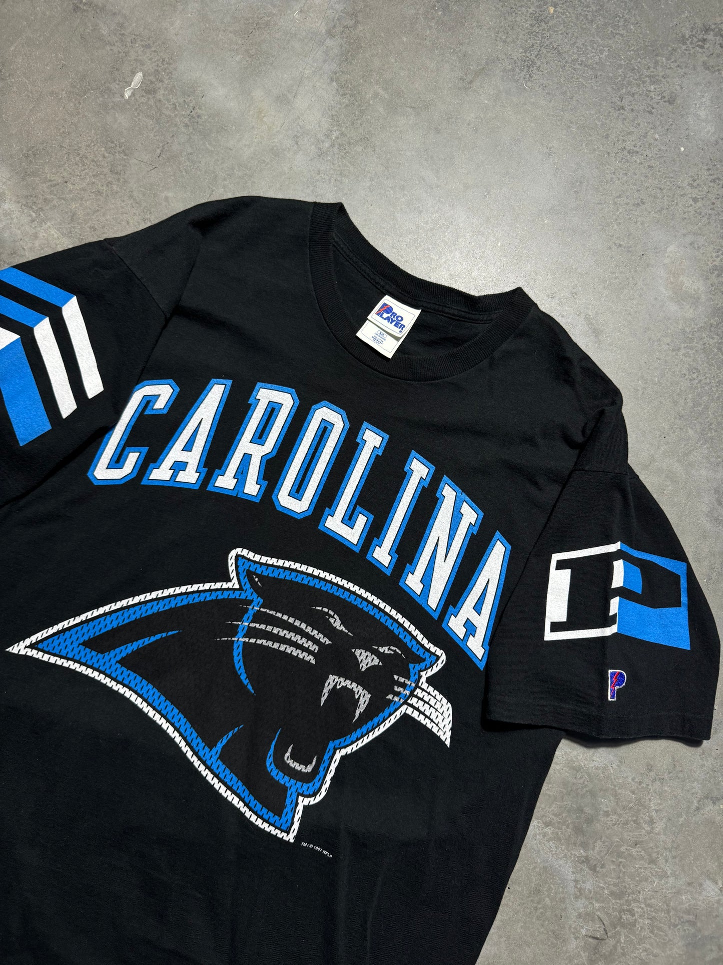 1997 Carolina Panthers Vintags Black Pro Player Multi Logo NFL Tee (XXL)