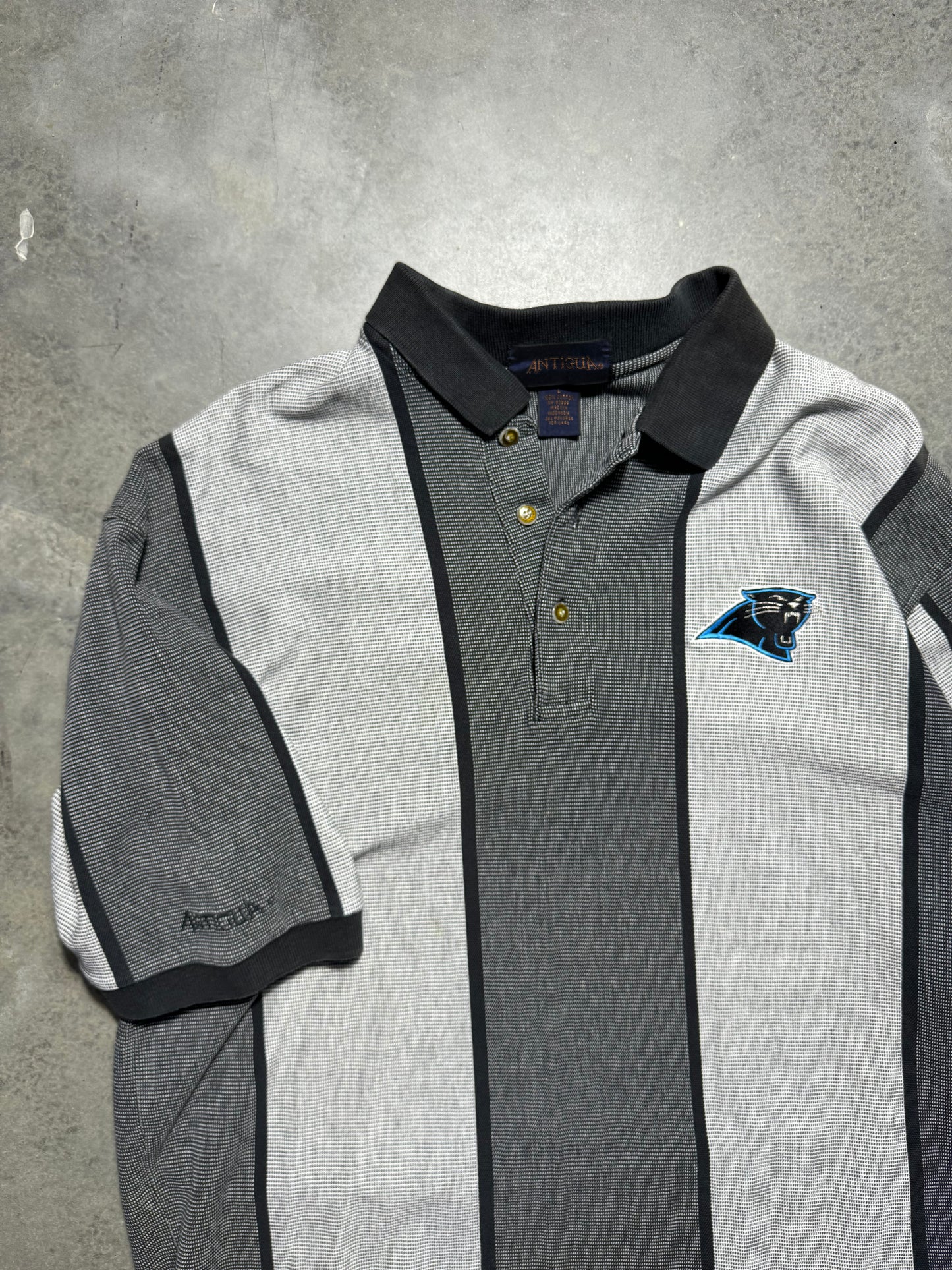 90’s Carolina Panthers Vintage Grey Striped Antigua NFL Polo Collared Shirt (Large)