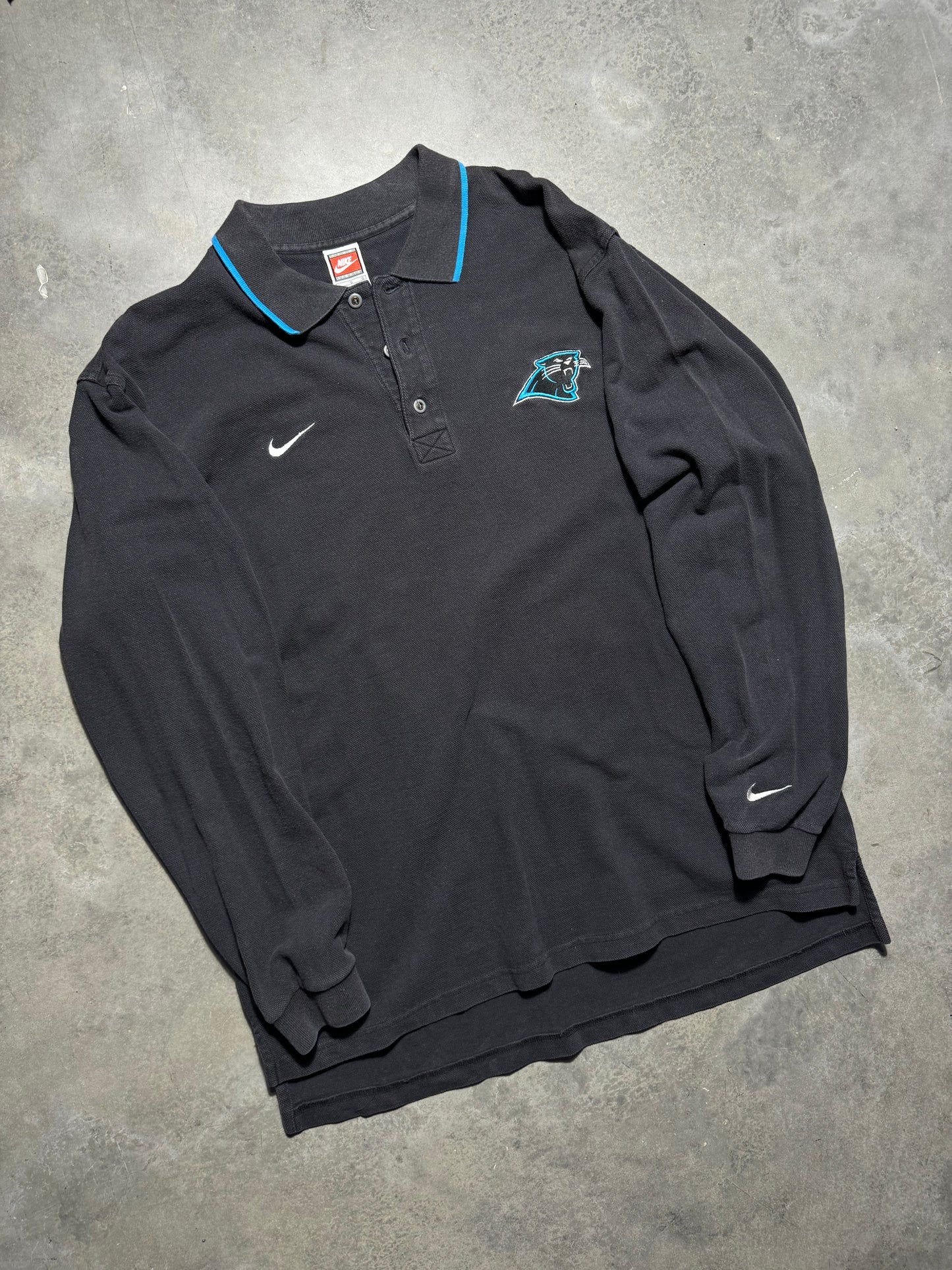 90’s Carolina Panthers Vintage Black Heavyweight Nike Longsleeve NFL Polo Collared Shirt (Large)
