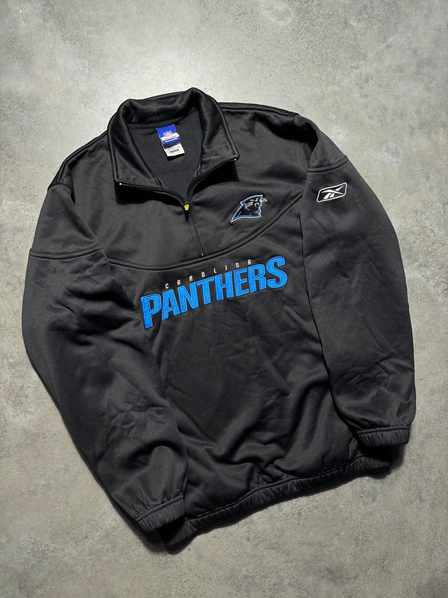 00’s Carolina Panthers Vintage Black Quarter Zip Spellout Fleece NFL Pullover Jacket (Large)