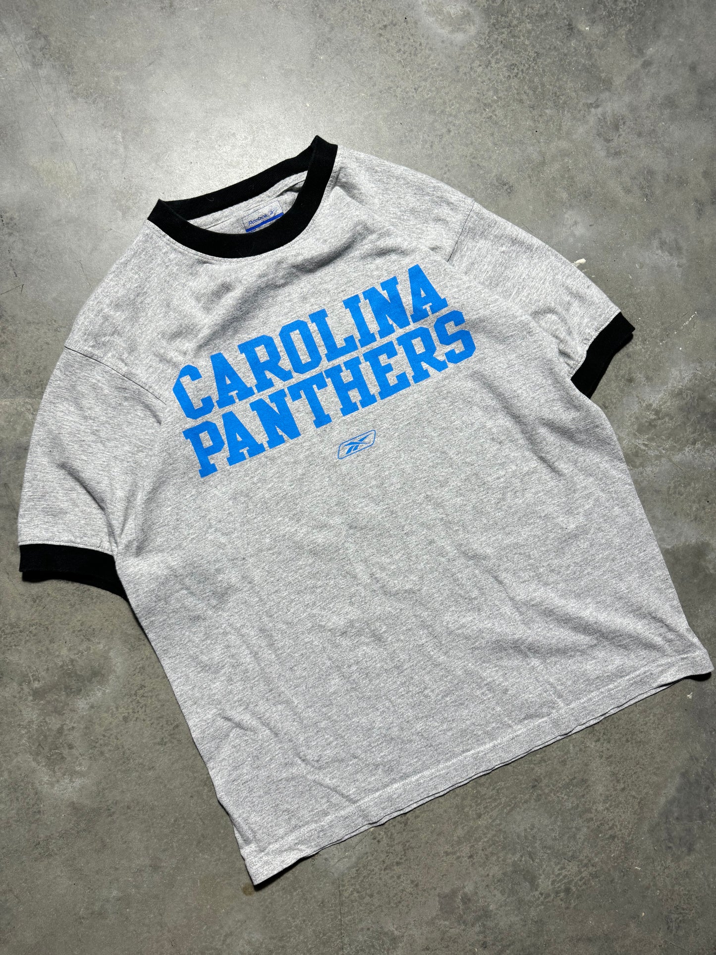 00’s Carolina Panthers Vintage Grey Reebok Spellout NFL Ringer Tee (Medium)