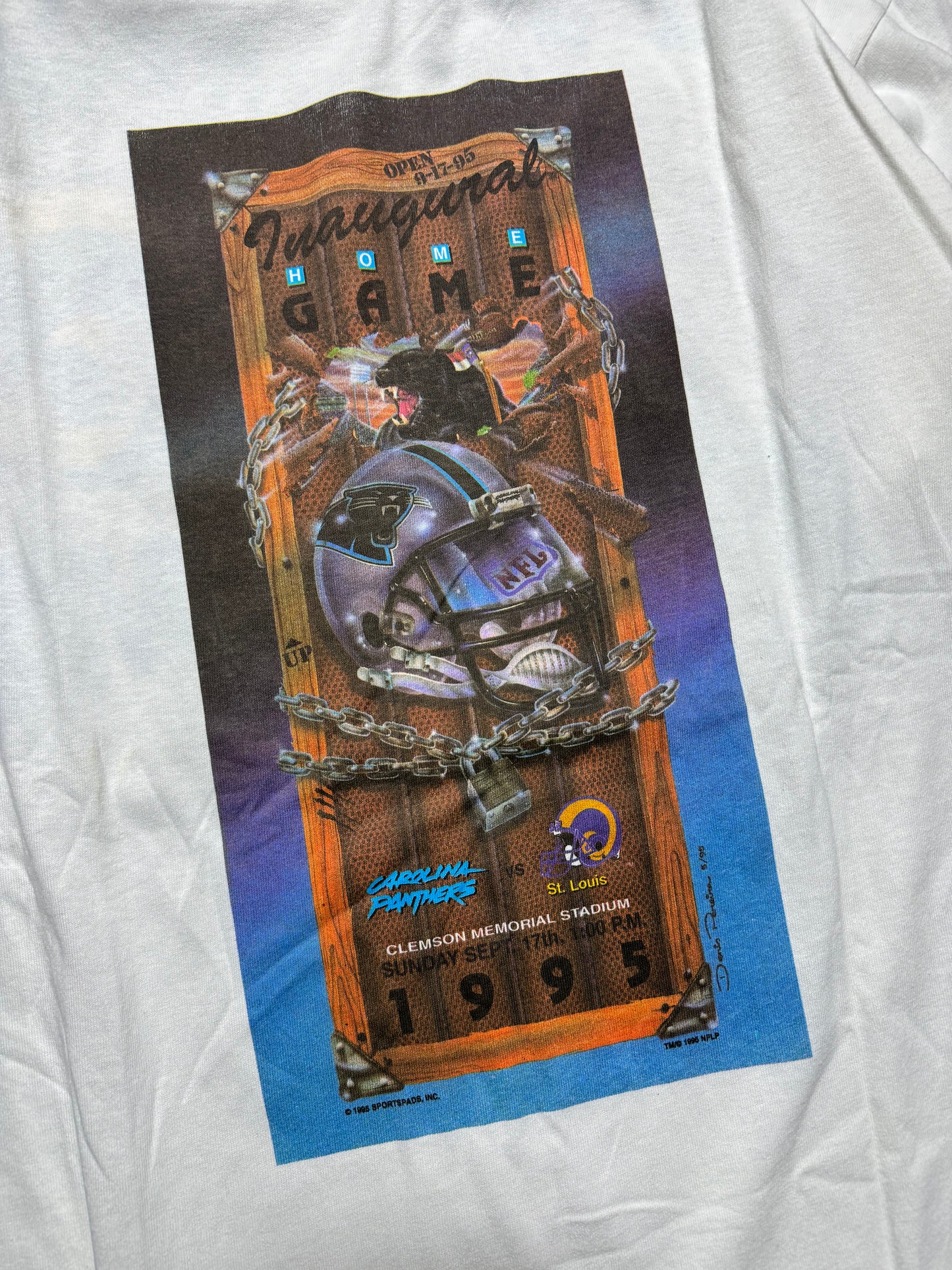 1995 Carolina Panthers vs. St. Louis Rams “I WAS THERE!” Vintage White Inaugural Season Franchise First Game NFL Match Up Tee - Deadstock (Large)