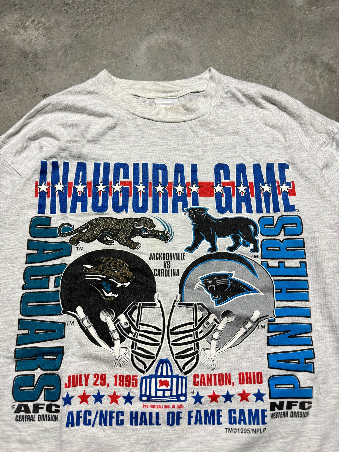 1995 Carolina Panthers vs. Jacksonville Jaguars Vintage Heather Grey Logo 7 Inaugural Game Hall of Fame Game NFL Tee (Large)