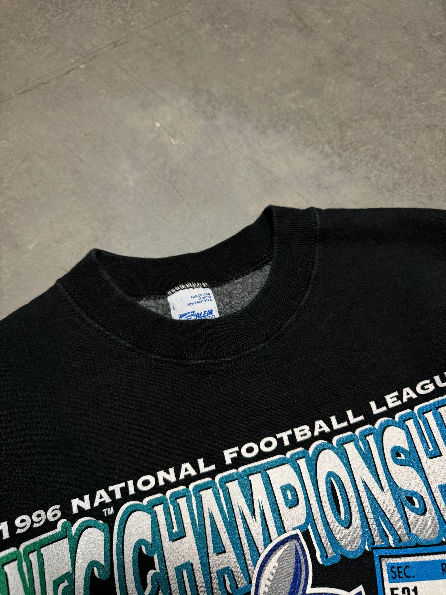 1997 Carolina Panthers vs. Green Bay Packers Vintage Black Salem Sportswear NFC Championship Ticket Stub Match Up Heavyweight NFL Crewneck (Medium)