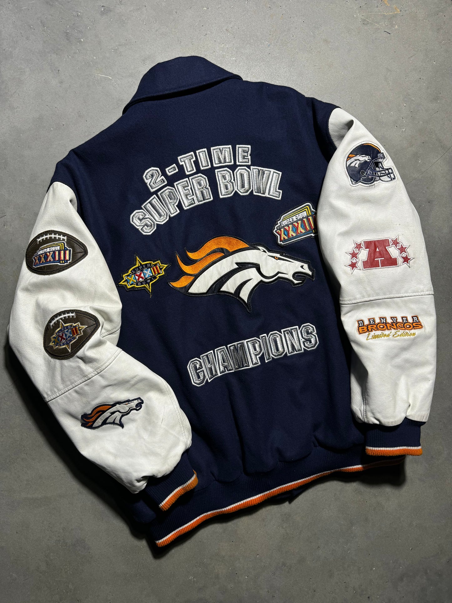1999 Denver Broncos 2 Time Super Bowl Champions Multi Patch Leather Letterman NFL Varsity Jacket (XXL)