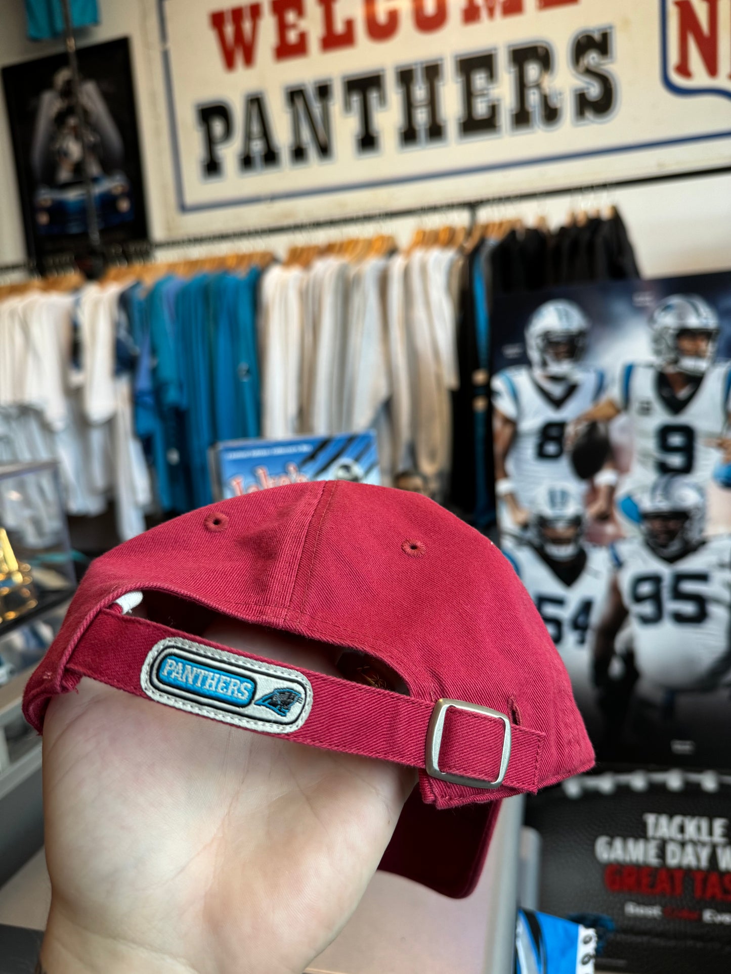 00’s Carolina Panthers Vintage Red Reebok Script Spellout NFL Strapback Hat (OSFA)