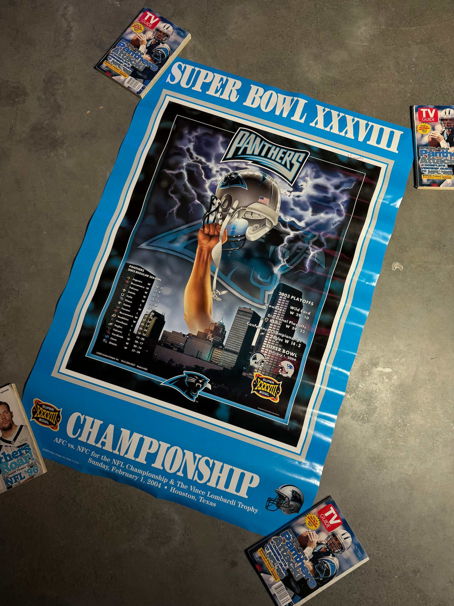 2004 Carolina Panthers vs. New England Patriots Super Bowl XXXVIII Lightning Print Poster - Brand New