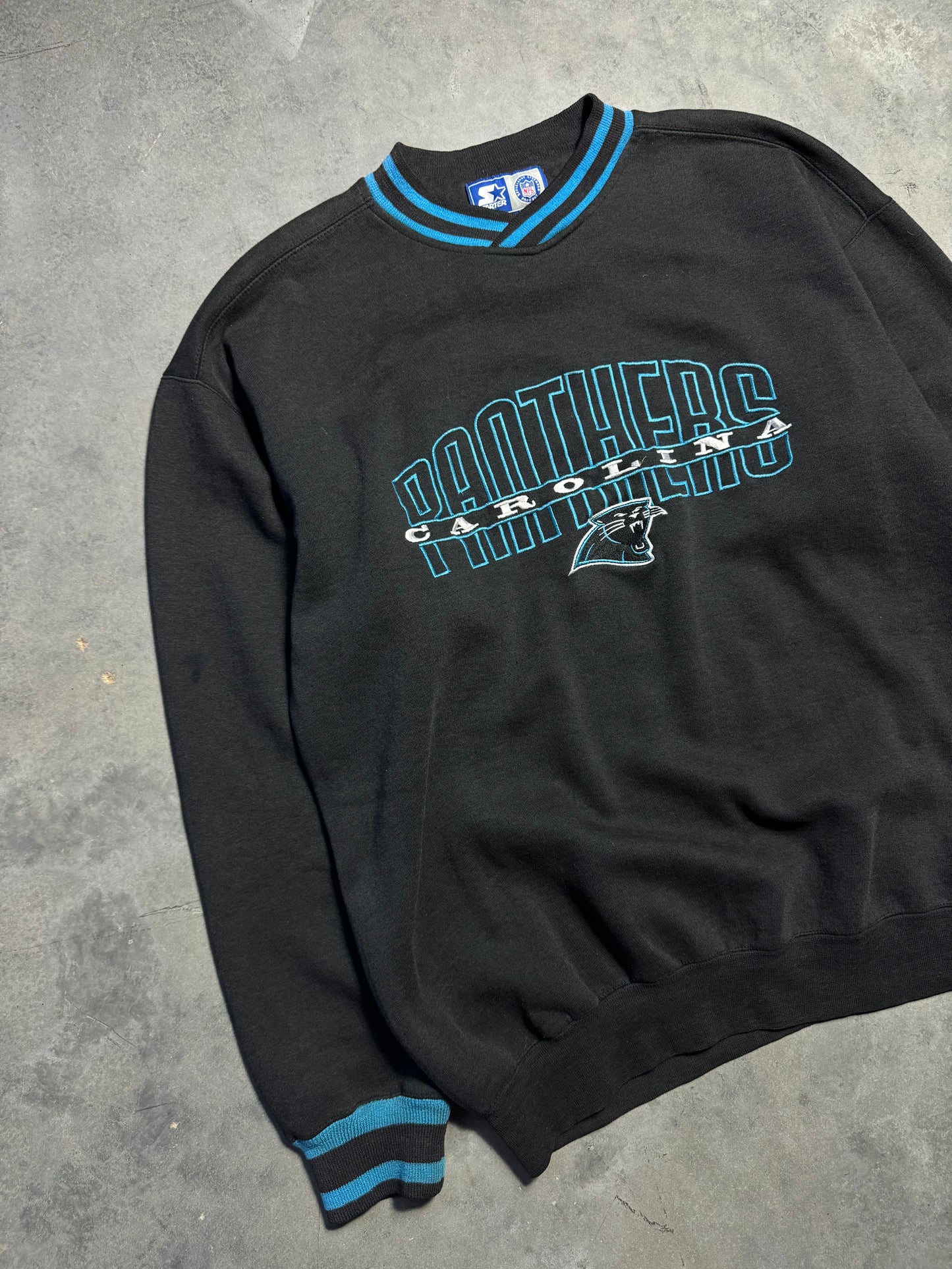 90’s Carolina Panthers Vintage Black Starter Ribbed Embroidered NFL Crewneck (Large)