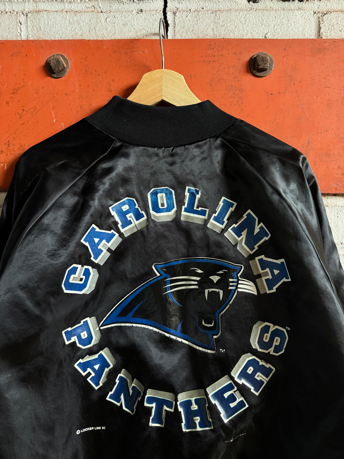 1993 Carolina Panthers Vintage Black Chalkline Sphere Logo NFL Satin Jacket (XL)