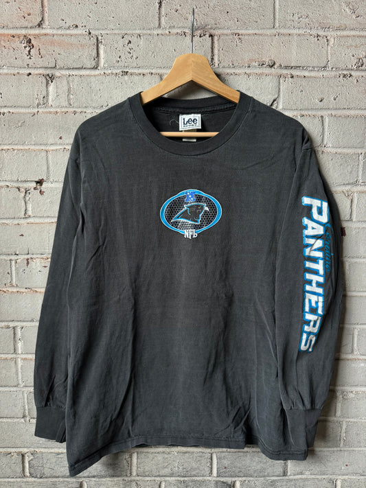 00’s Carolina Panthers Vintage Faded Black Spellout NFL Longsleeve Tee (Medium)