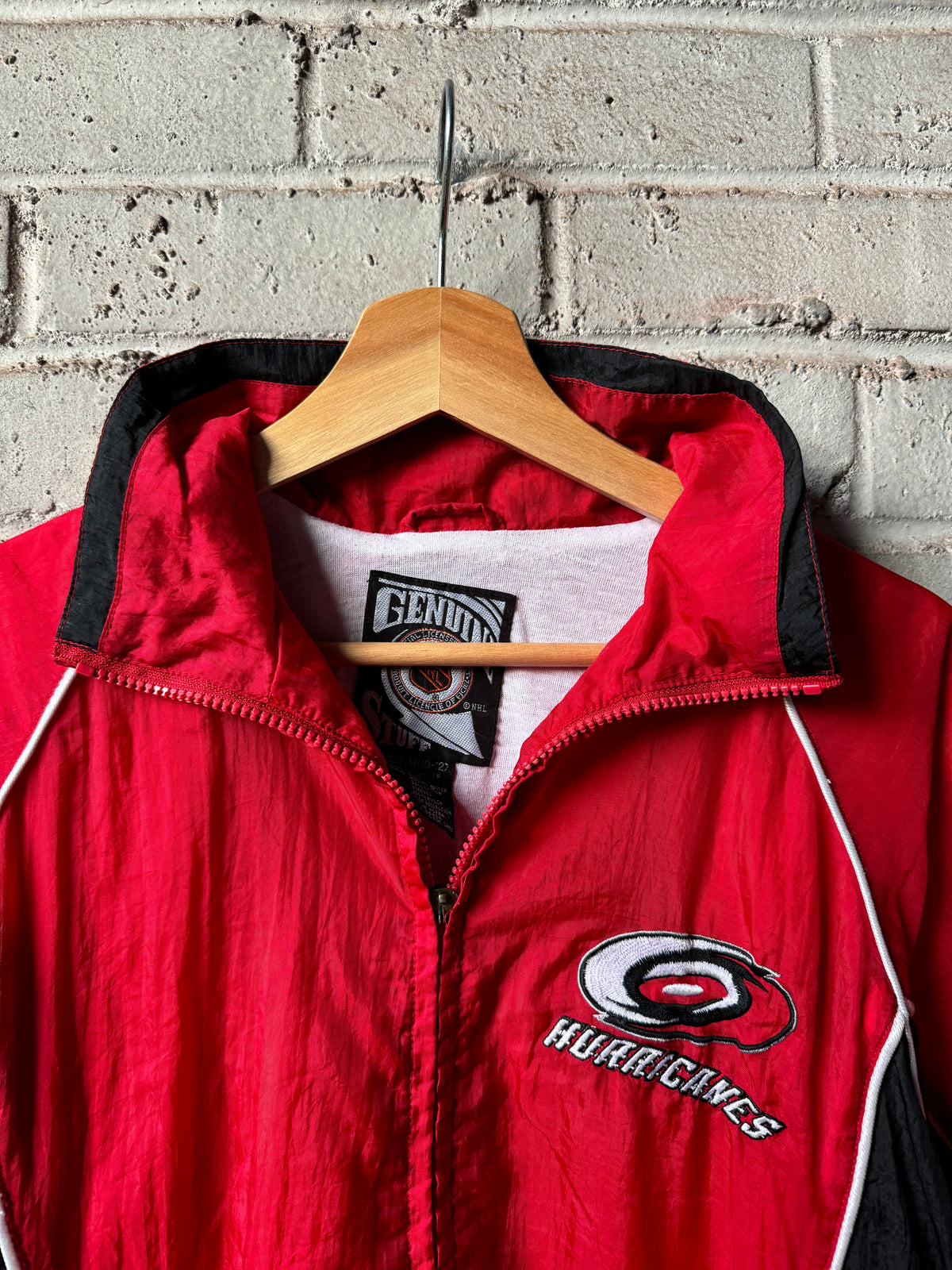 90’s Carolina Hurricanes Vintage Red Black NHL Word Mark Spellout Windbreaker Jacket (Youth Medium)