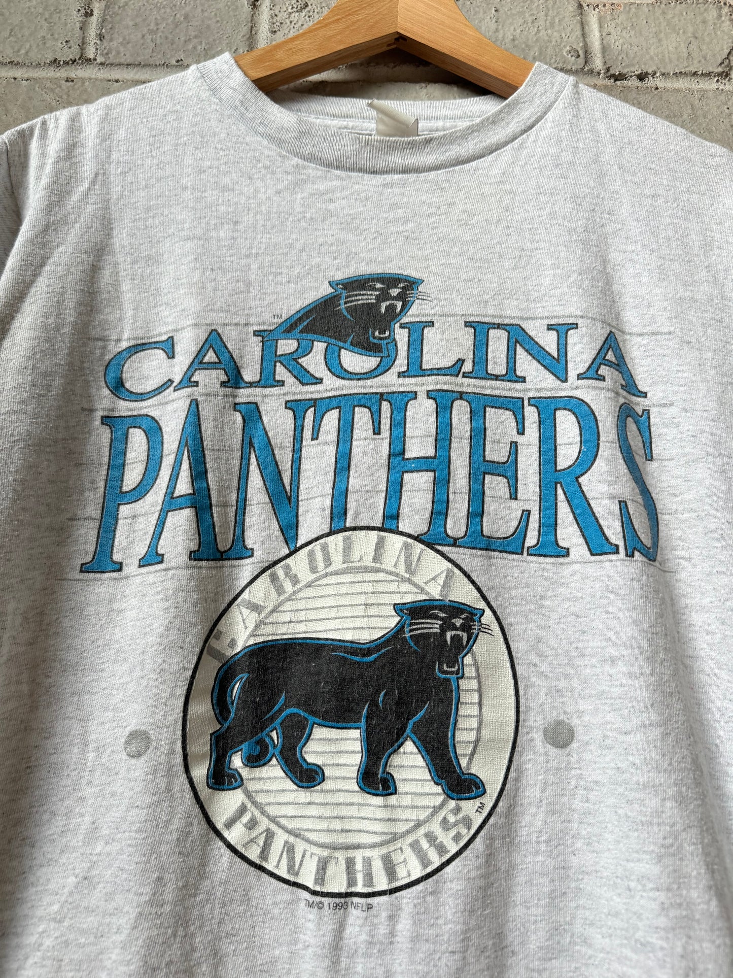 1993 Carolina Panthers Vintage Heather Grey Full Cat Logo NFL Tee (Small)