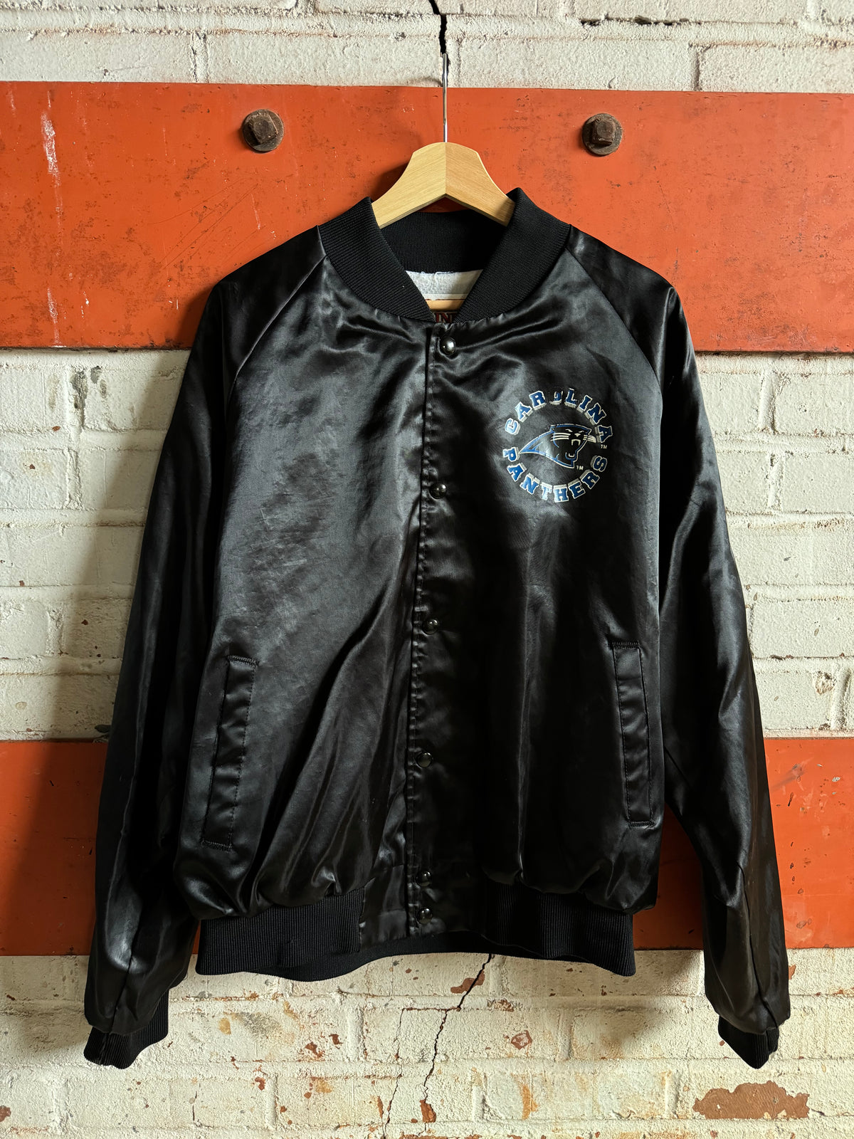 1993 Carolina Panthers Vintage Black Chalkline Sphere Logo NFL Satin Jacket (XL)