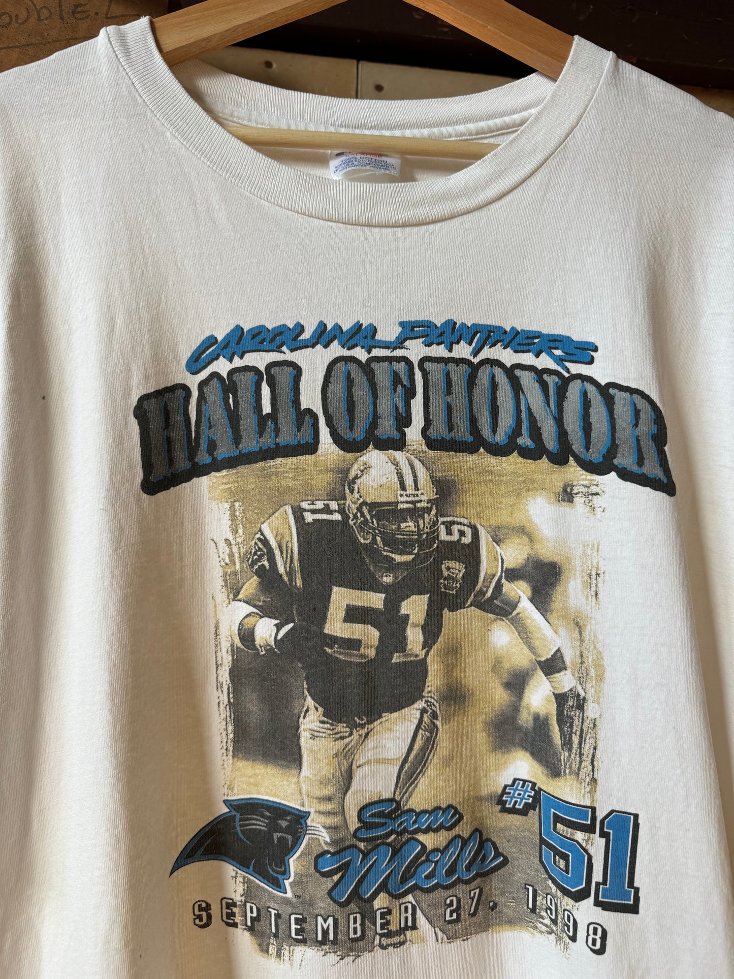 1998 Carolina Panthers Sam Mills Hall Of Honor Vintage White Champion NFL Tee (XXL)