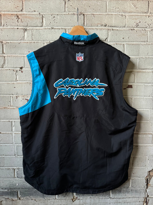 00’s Carolina Panthers Vintage Black Reebok Cat Scratch Font Embroidered Team Issued Sideline Vest (Large)