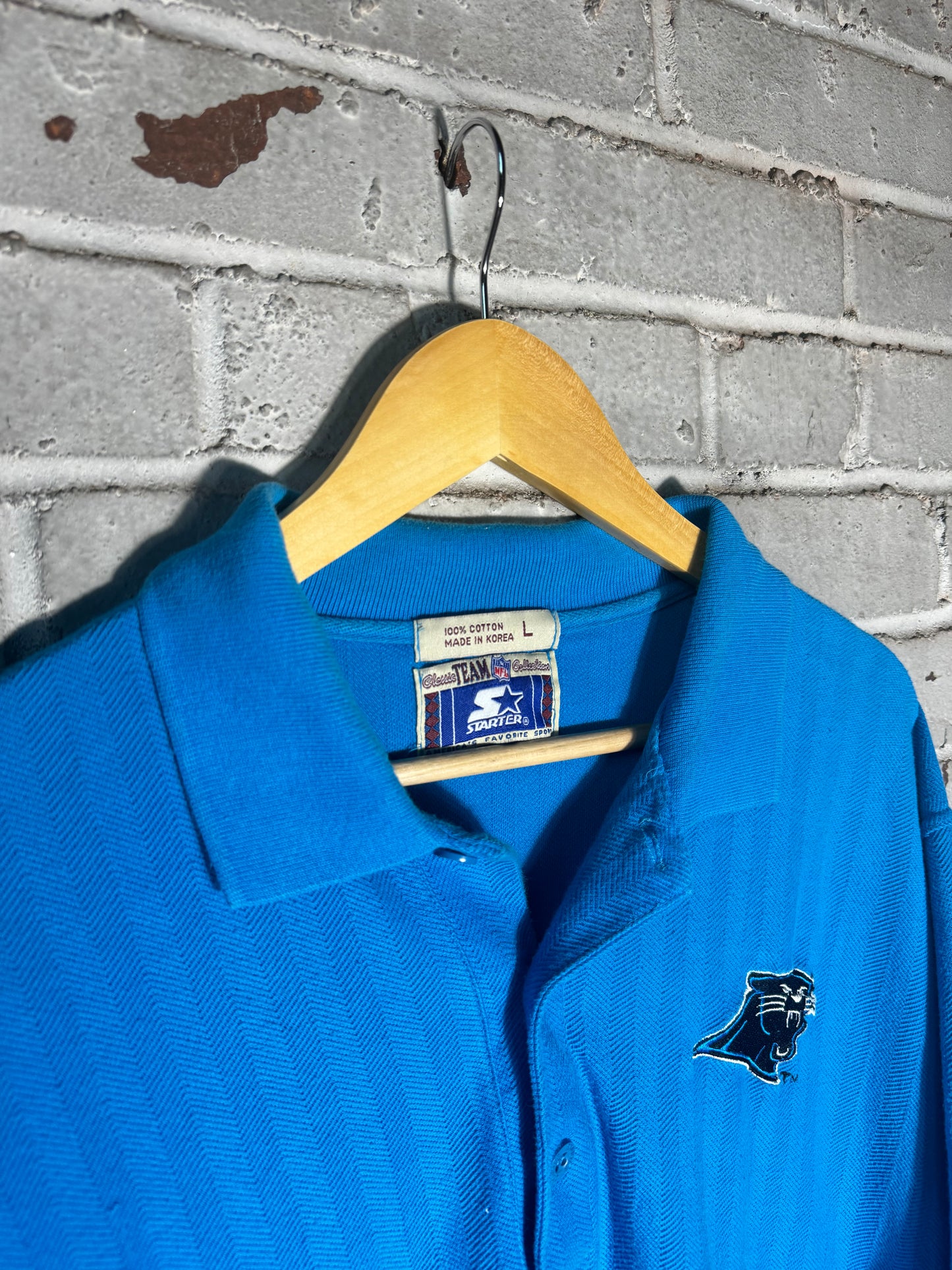 90’s Carolina Panthers Vintage Blue Starter Herringbone Tonal Striped NFL Polo Collared Shirt (Large)