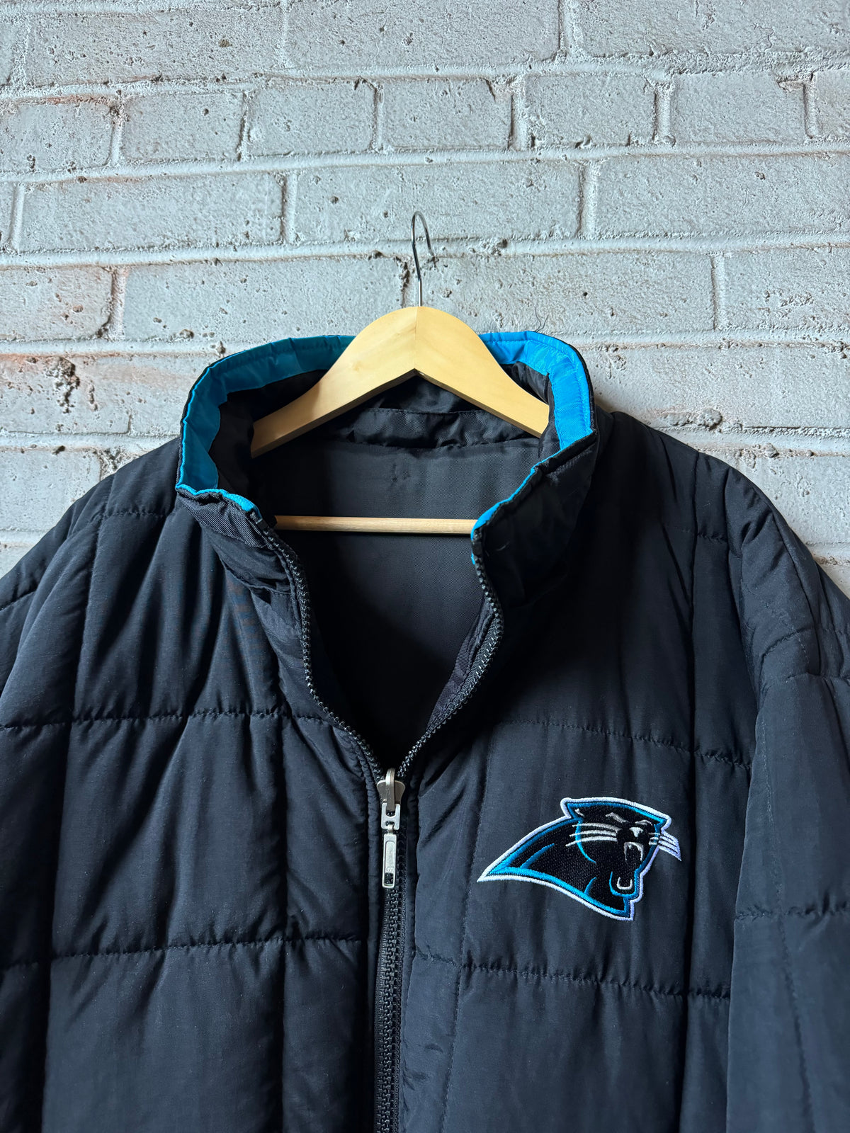 90’s Carolina Panthers Vintage Black Starter Reversible Quilted Nylon NFL Puffer Jacket (XXL)