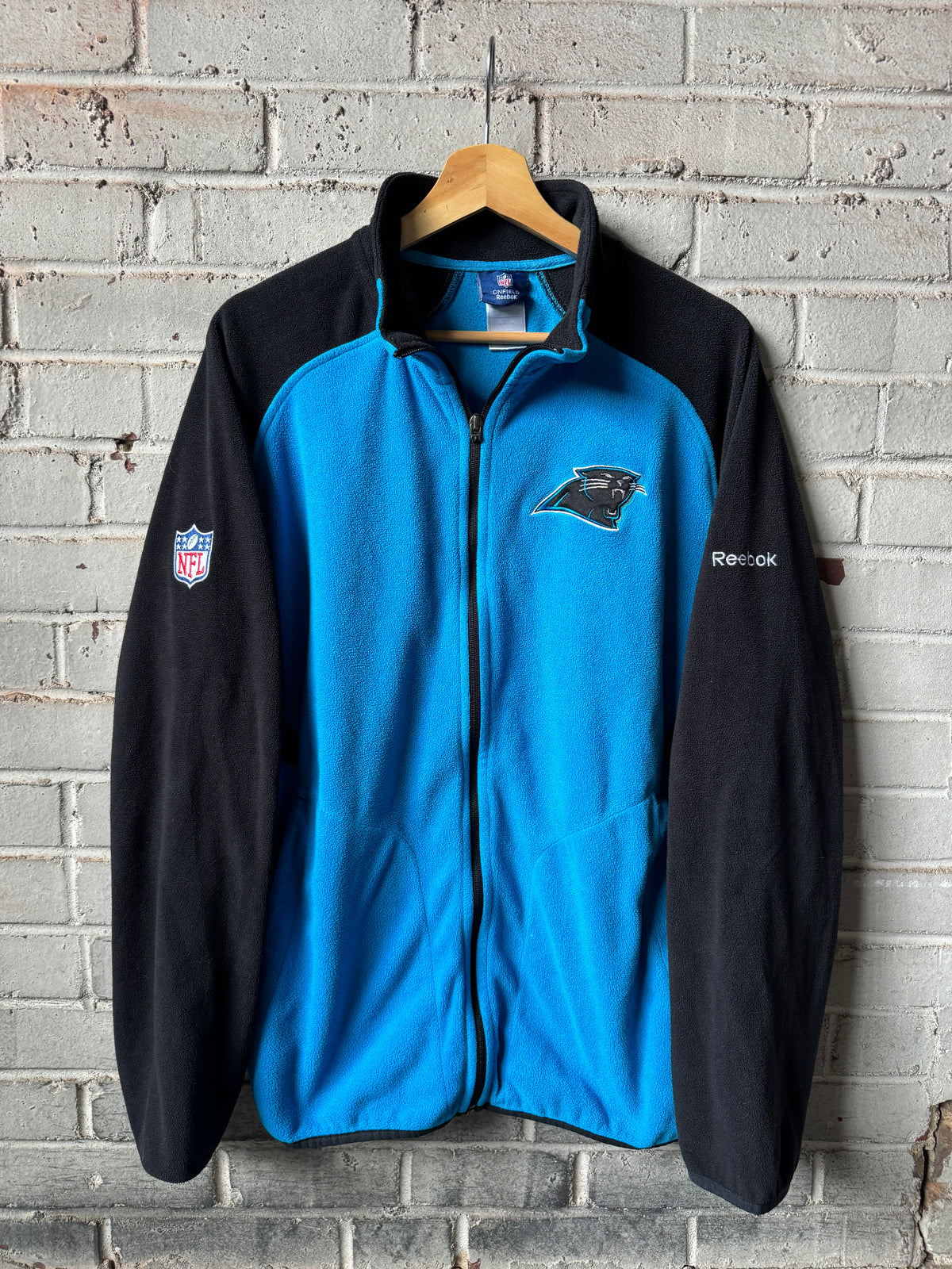 00’s Carolina Panthers Vintage Blue Black Fleece Reebok NFL Full Zip Jacket (Medium)