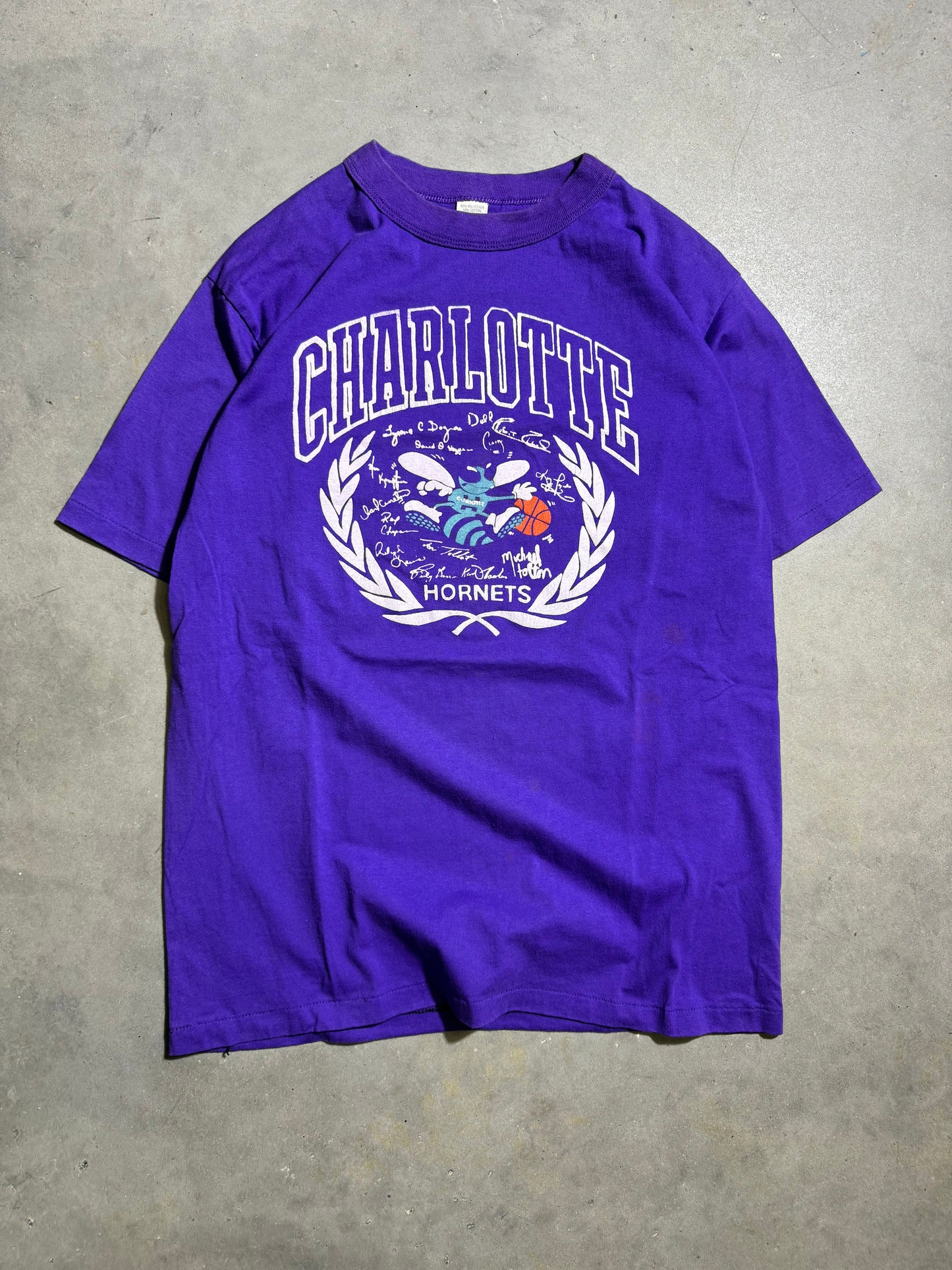1988 Charlotte Hornets Vintage Purple Inaugural Season Seal Logo NBA Tee (Large)