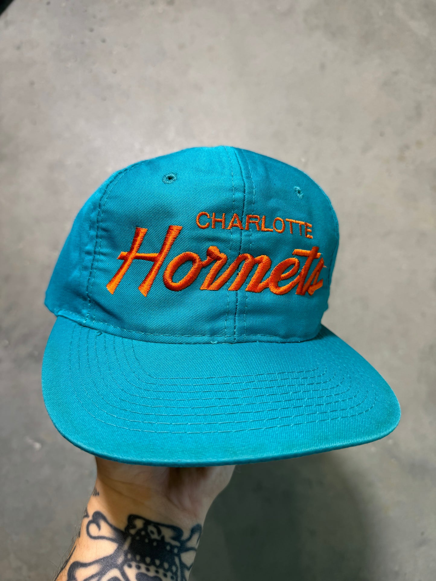 90’s Charlotte Hornets Vintage Teal Orange Single Line NBA Sports Specialties Script Hat (OSFA)