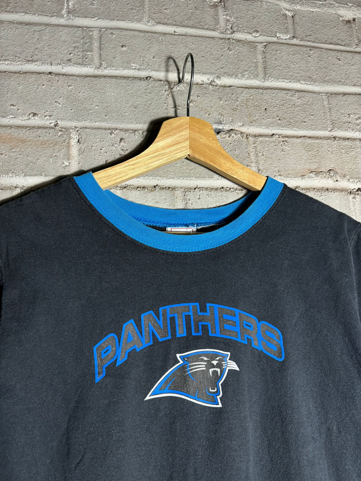 00’s Carolina Panthers Vintage Black Spellout NFL Ringer Tee (Small)