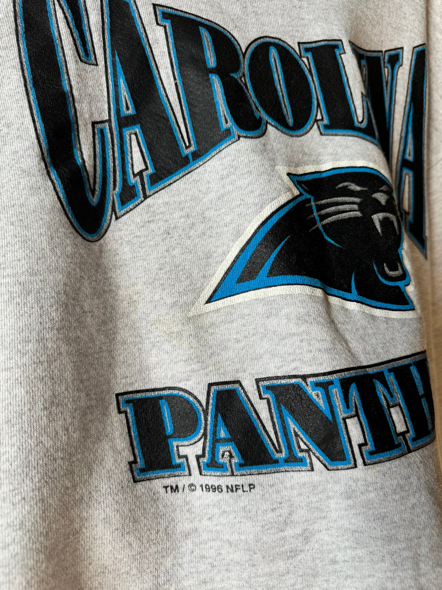 1996 Carolina Panthers Vintage Heather Grey Logo 7 Spellout NFL Crewneck (Medium)