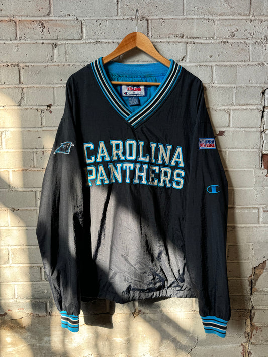 90’s Carolina Panthers Vintage Black Champion Spellout NFL Sideline Pullover (XL)