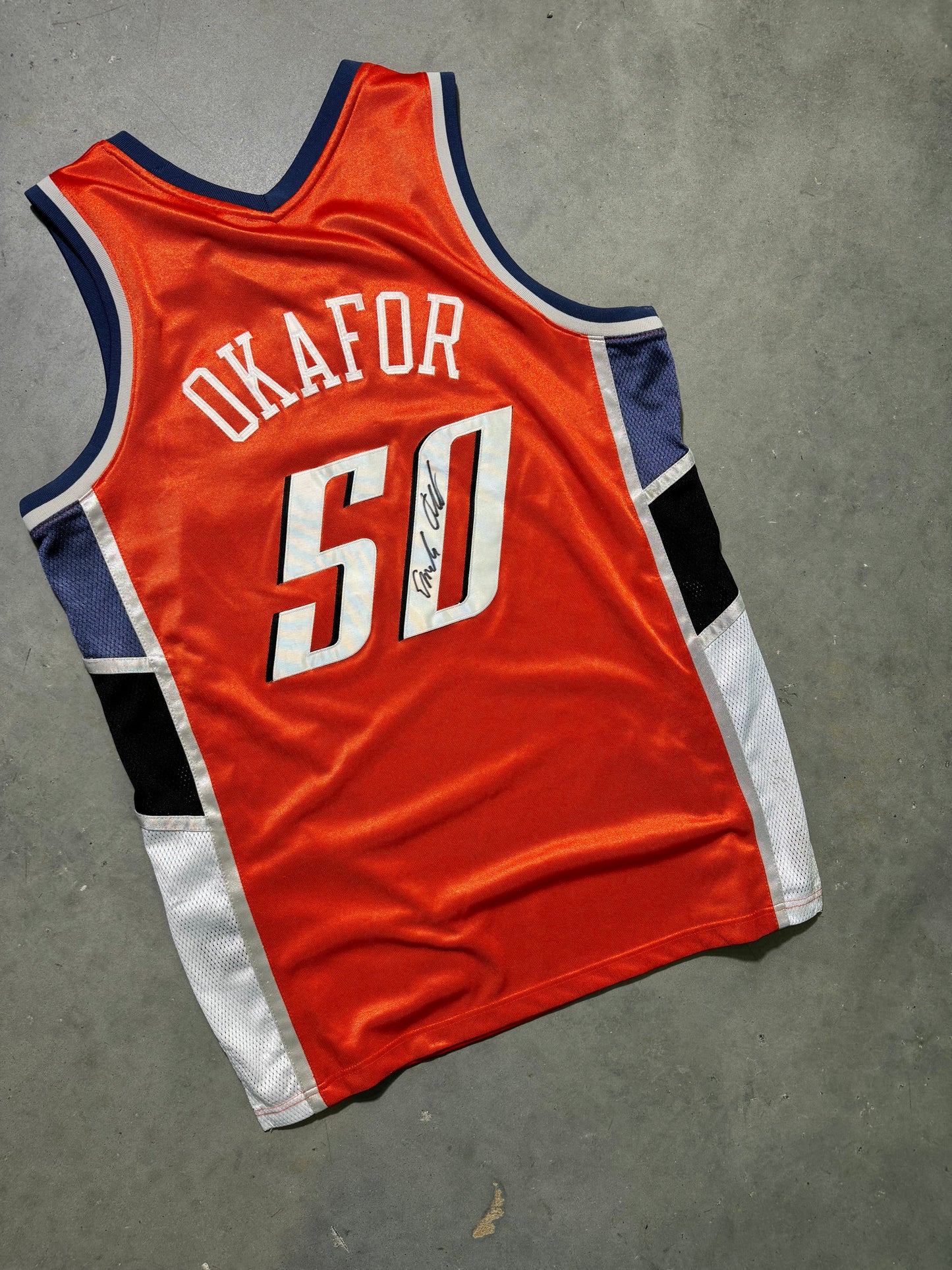 2004/2005 Charlotte Bobcats Emeka Okafor Inaugural Season Orange Dazzle Cloth Reebok NBA Authentic Jersey - Signed (44/Large)