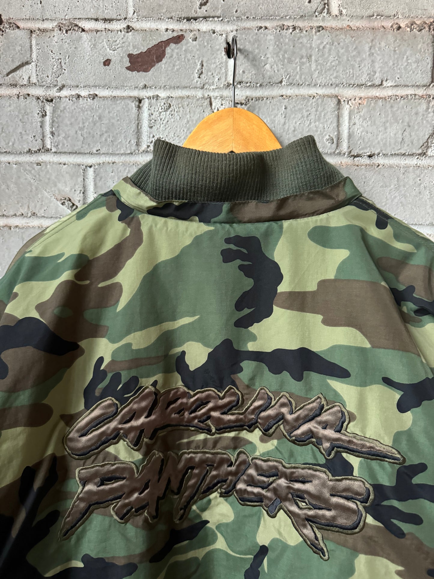 00’s Carolina Panthers Vintage Cat Scratch Font Camo NFL Bomber Jacket (XL)