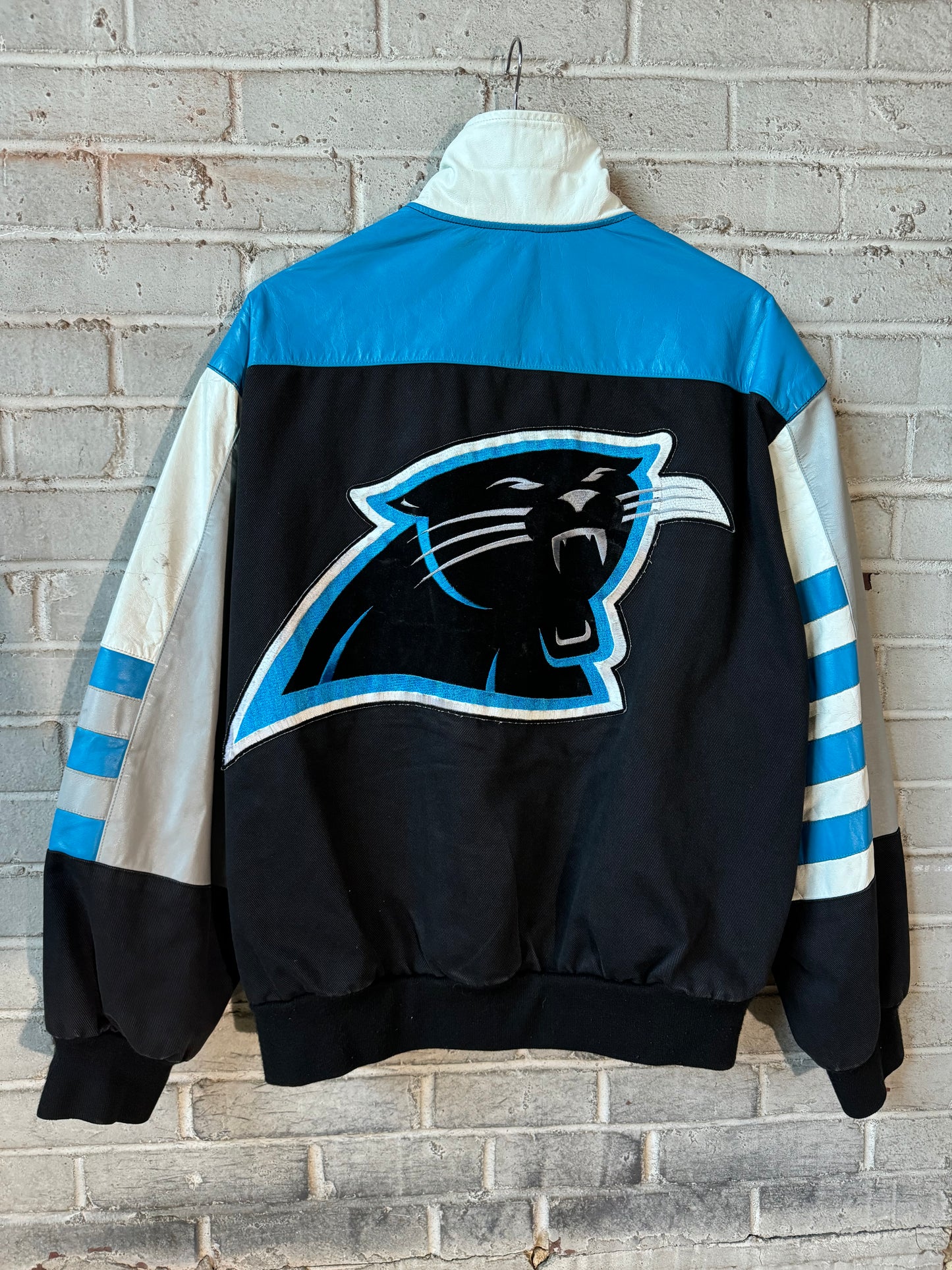 90’s Carolina Panthers Vintage Jeff Hamilton Leather Big Logo NFL Varsity Jacket (Large)