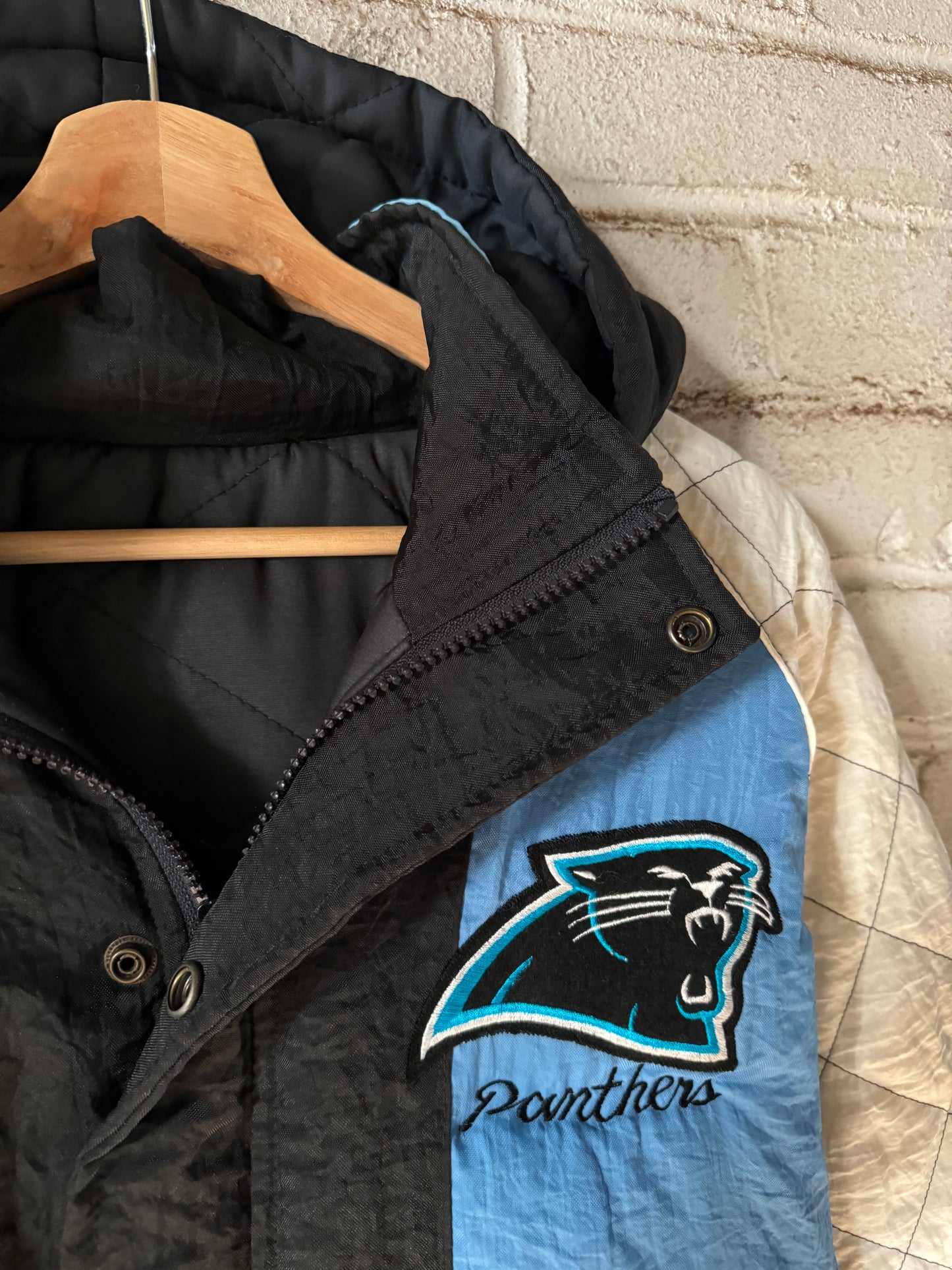 90’s Carolina Panthers EMS Patch Vintage Quilted Sleeved NFL Puffer Jacket (XL)