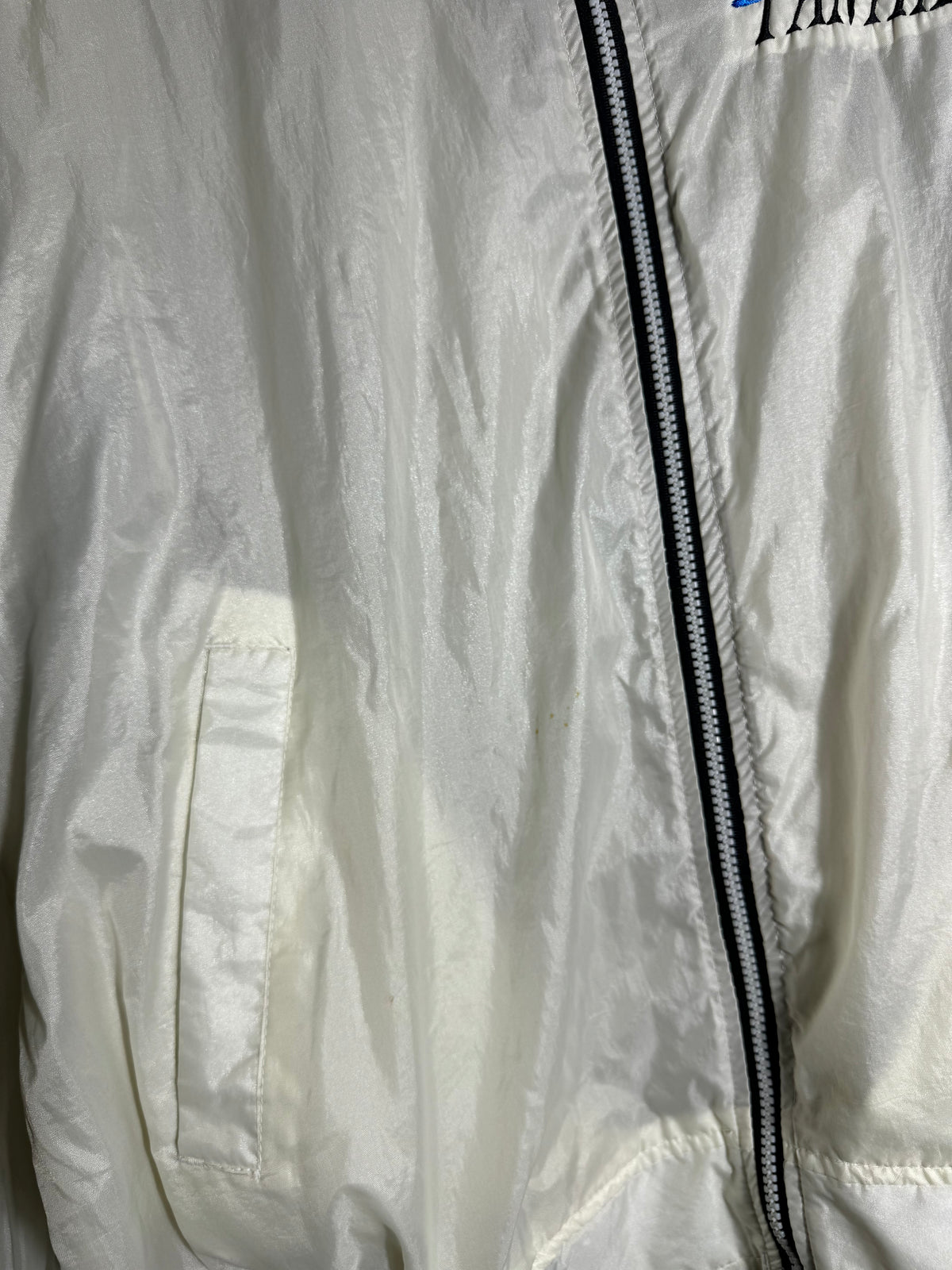 90’s Carolina Panthers Vintage White Pro Player Sleeve Striped NFL Windbreaker Jacket (Large)