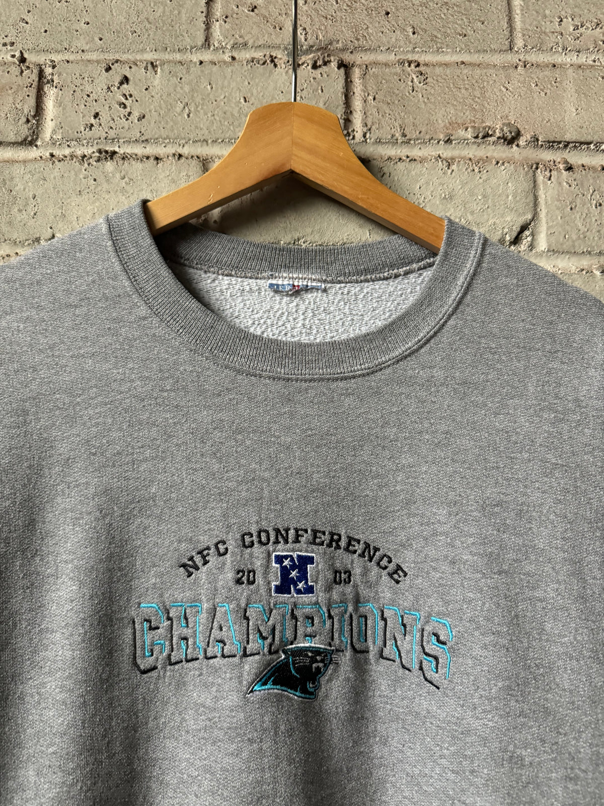 2003 Carolina Panthers Vintage Grey NFC Champions Embroidered NFL Crewneck (Medium)