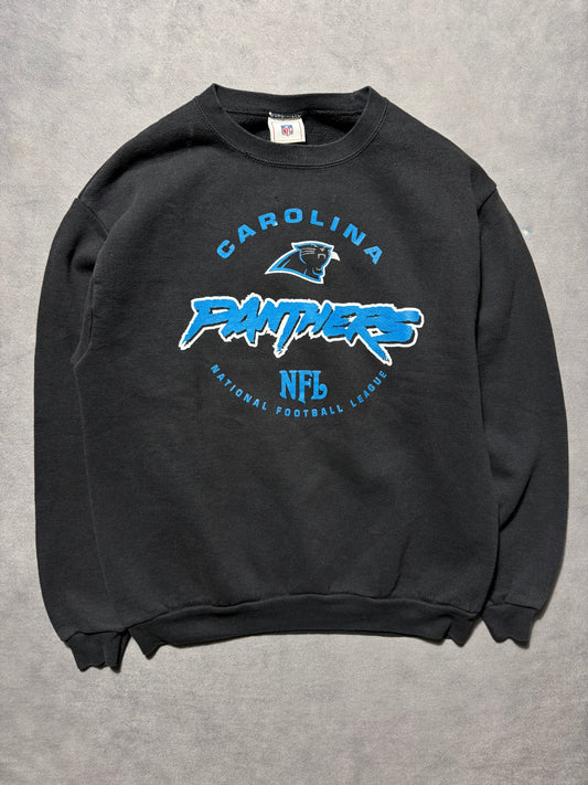 00’s Carolina Panthers Vintage Faded Distressed Black Cat Scratch Font NFL Crewneck (Medium)