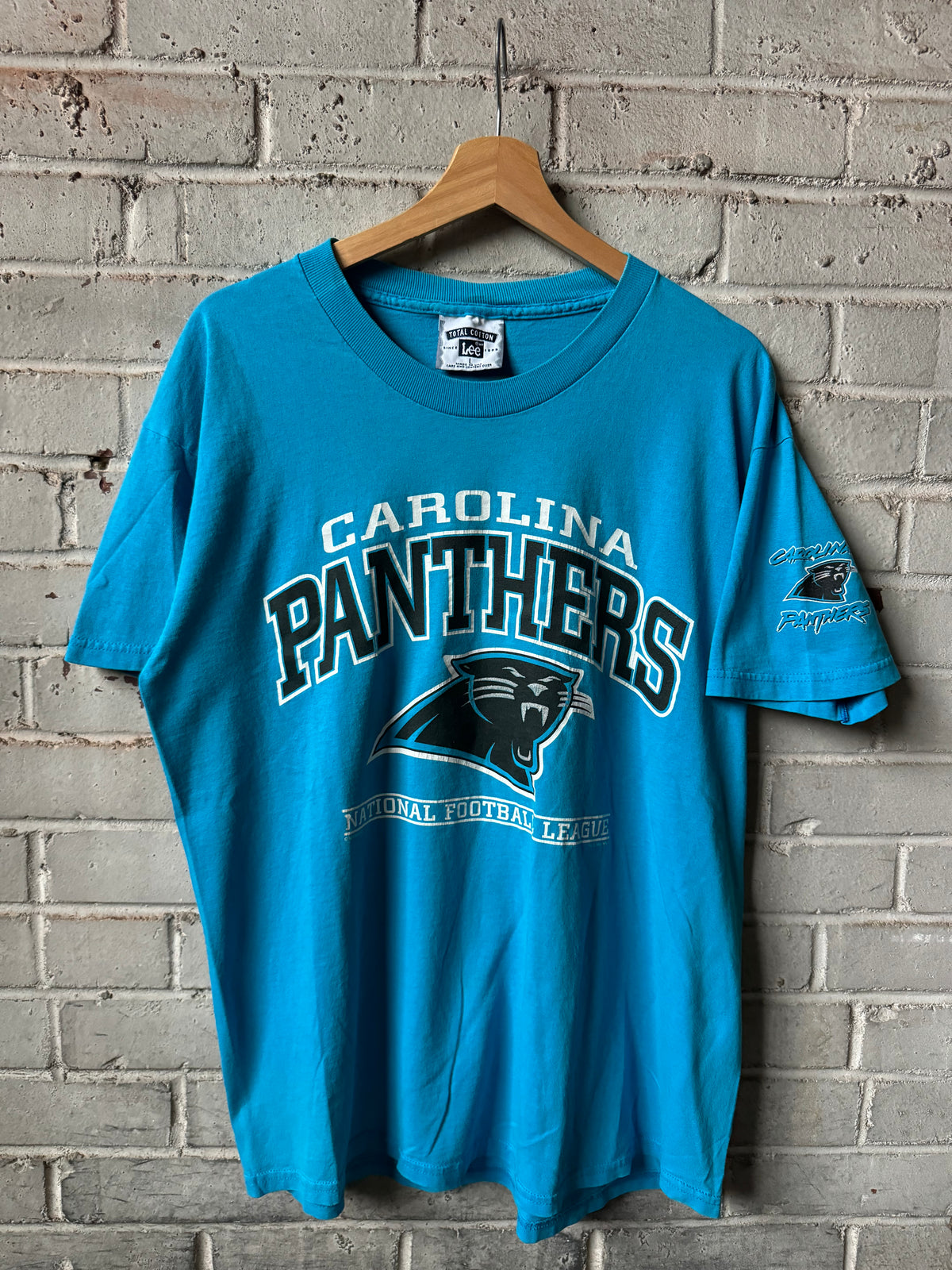 1998 Carolina Panthers Vintage Blue Lee Sport Cat Scratch Font NFL Tee (Large)
