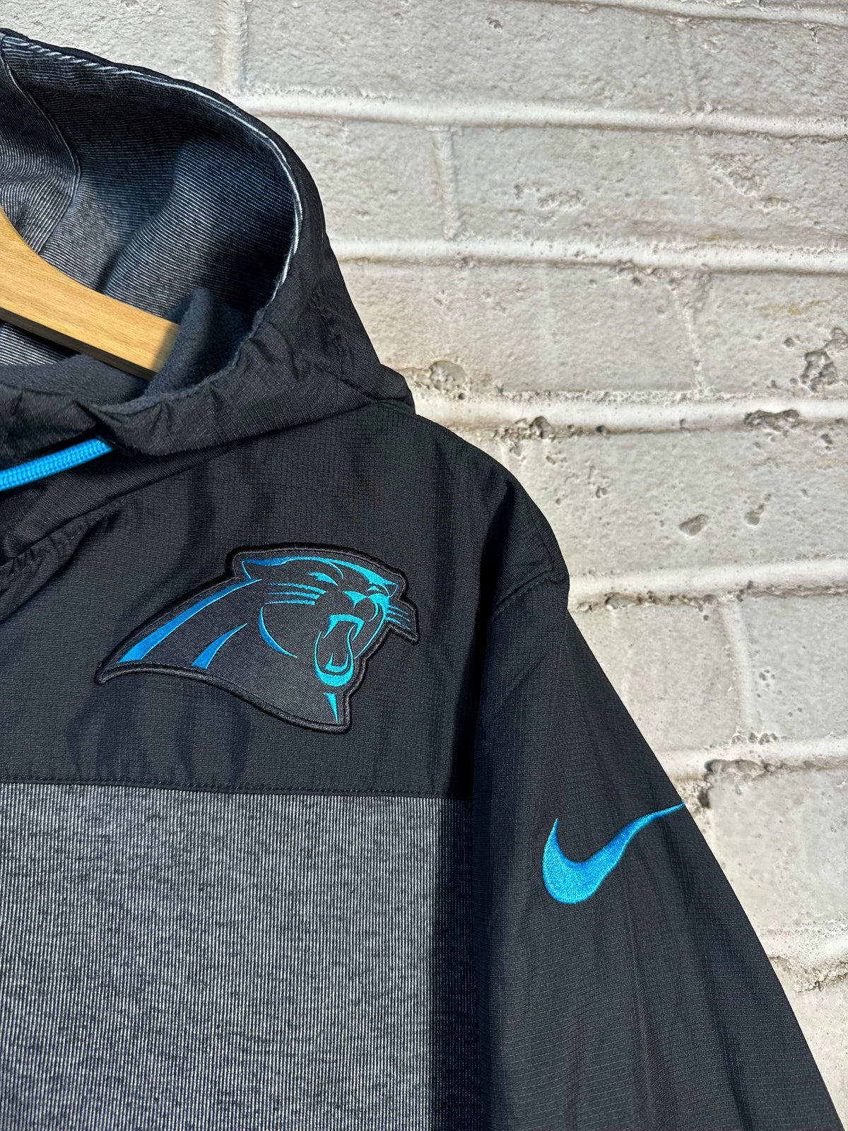 2017 Carolina Panthers Black/Dark Grey Nike Full Zip NFL Back Spellout Jacket (Large)