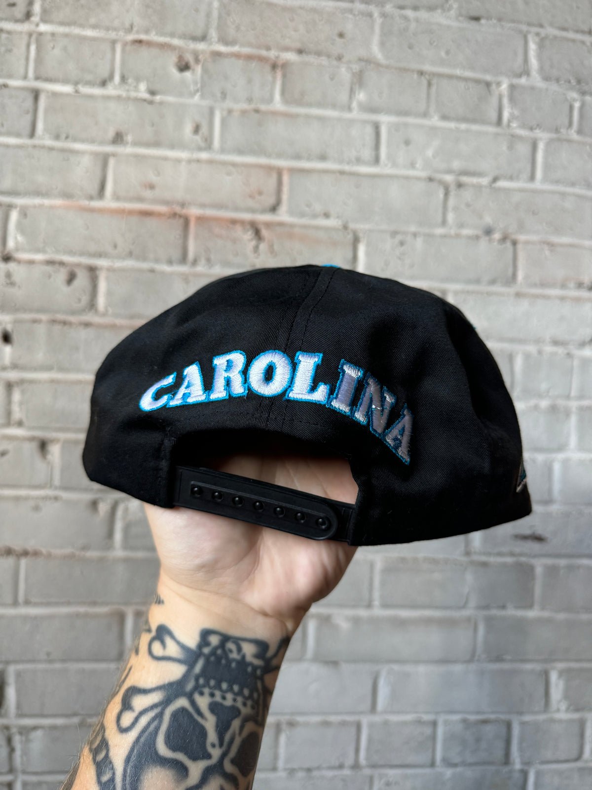 90’s Carolina Panthers Vintage Black Blue Multi Logo NFL Snapback Hat (OSFA)