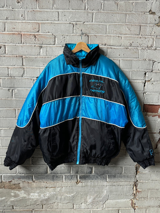 90’s Carolina Panthers Vintage Pro Player Colorblocked Big Spellout NFL Puffer Jacket (Large)