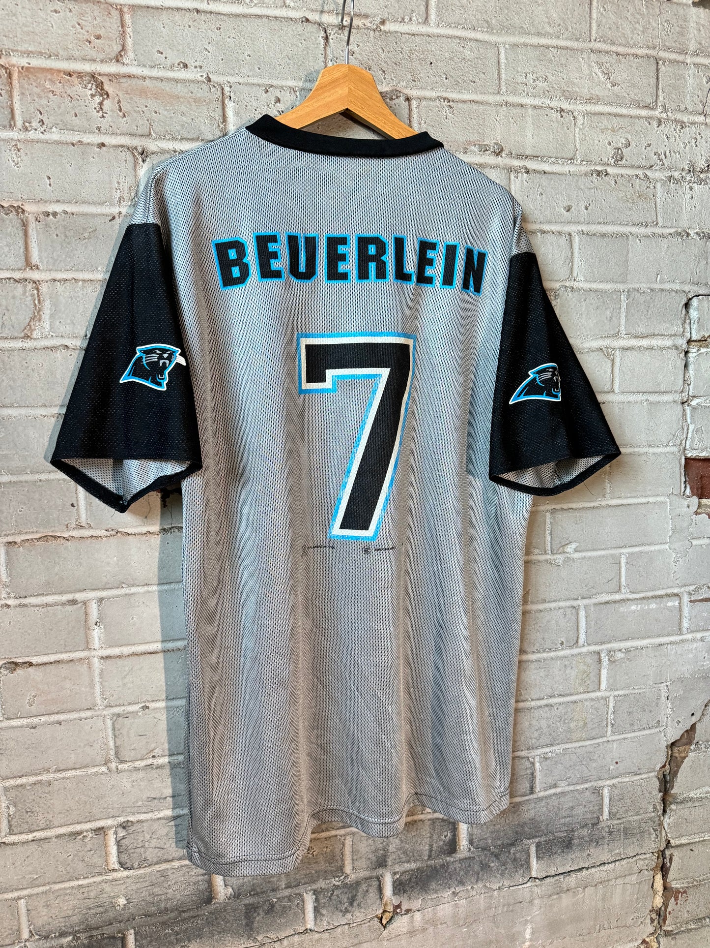 2000 Carolina Panthers Steve Beuerlein Vintage Silver Cat Scratch Font NFL Jersey Tee (XL)